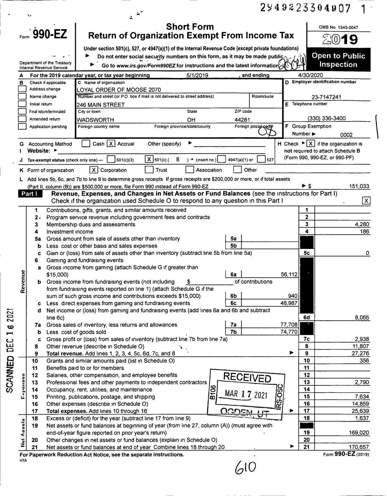 Image of first page of 2019 Form 990EO for Loyal Order of Moose - 2070