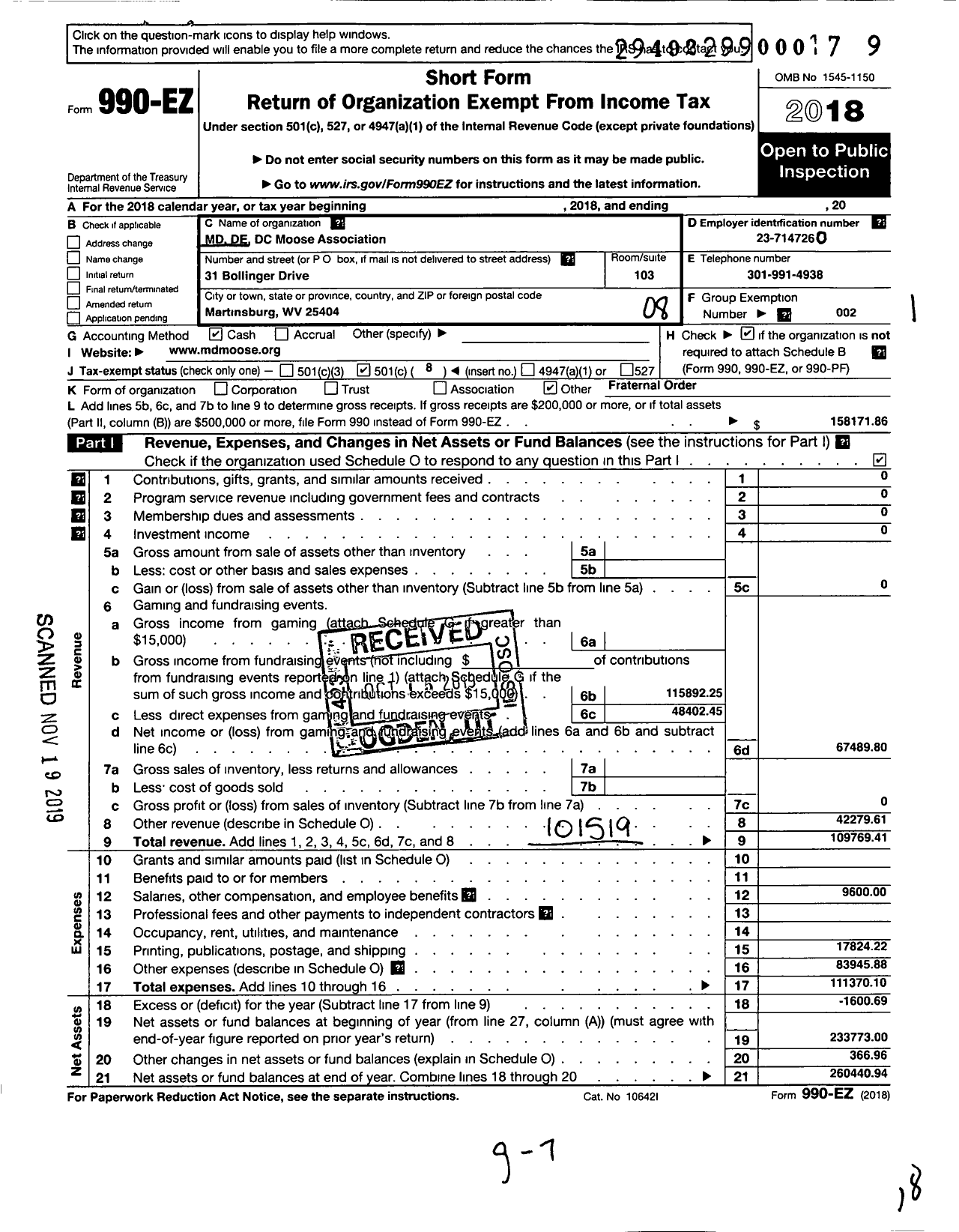 Image of first page of 2018 Form 990EO for MD de DC Moose Association