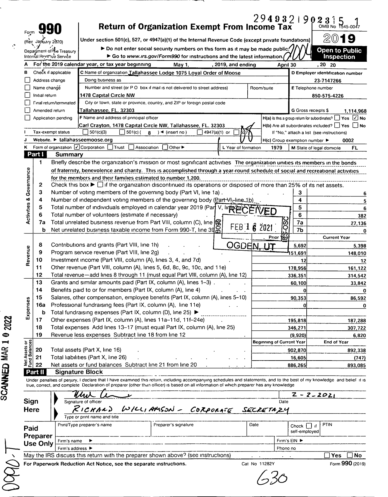 Image of first page of 2019 Form 990O for Loyal Order of Moose - 1075