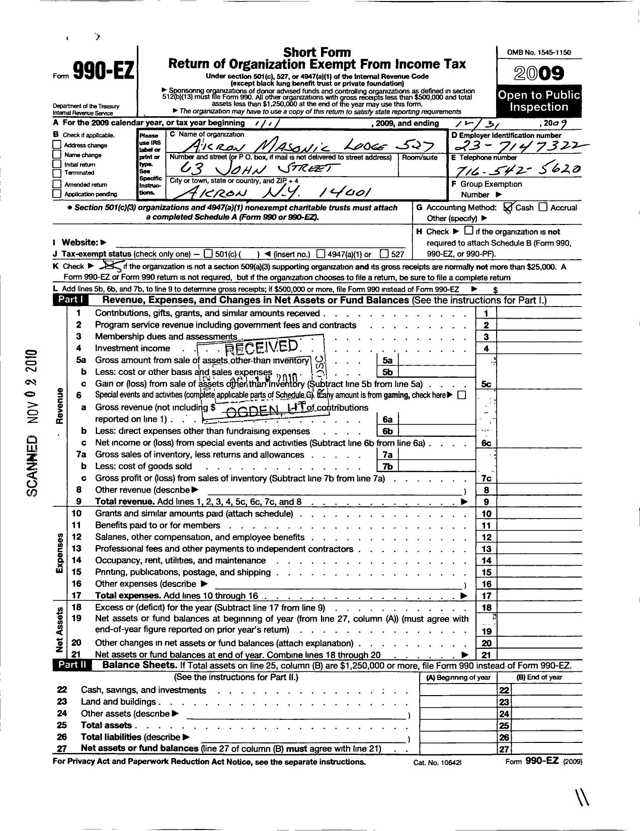 Image of first page of 2009 Form 990EO for Akron Lodge No 527