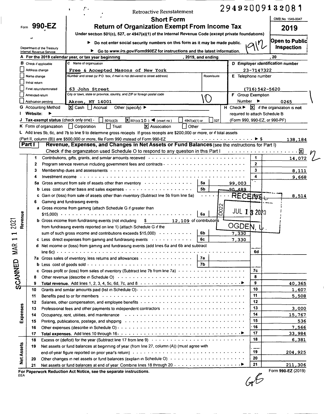 Image of first page of 2019 Form 990EO for Akron Lodge No 527