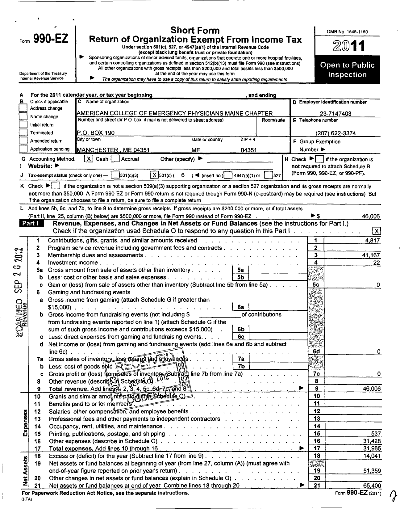 Image of first page of 2011 Form 990EO for American College of Emergency Physicians / Maine