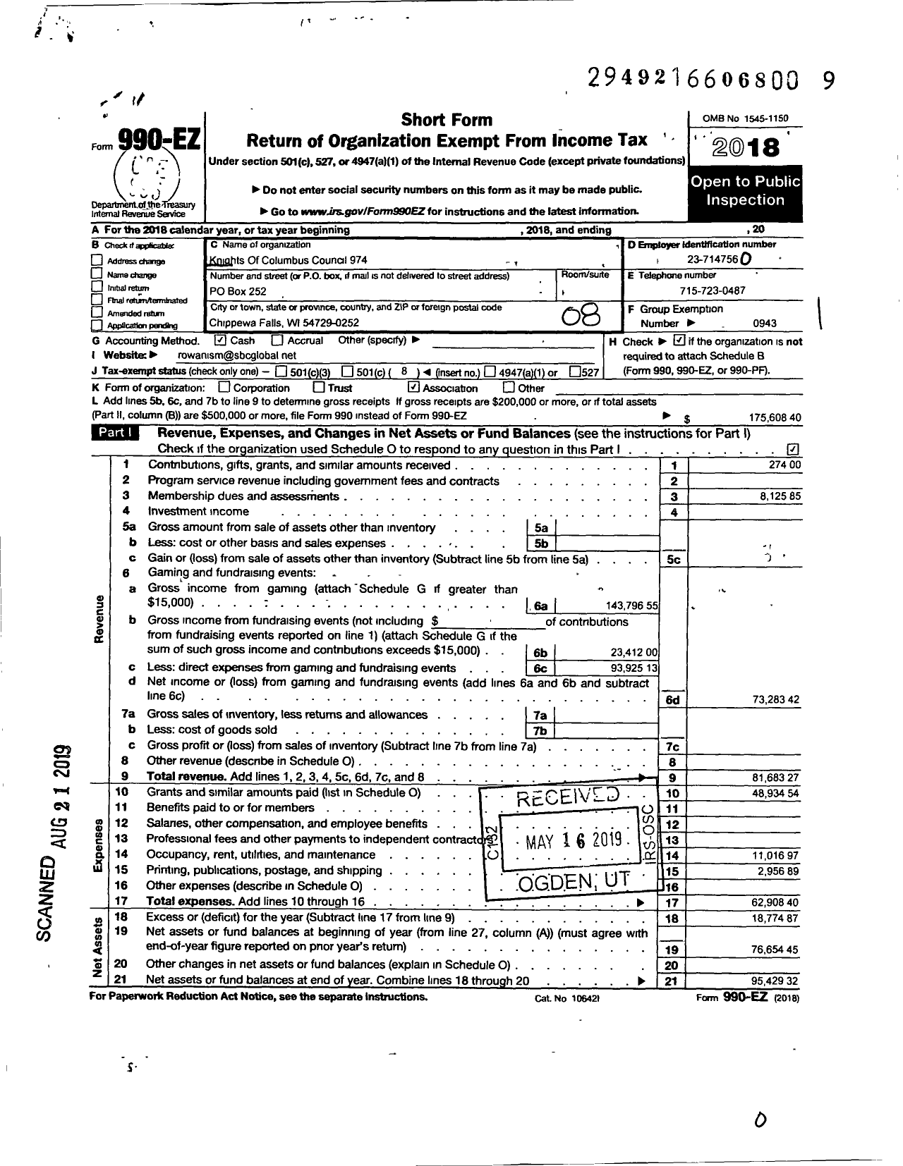 Image of first page of 2018 Form 990EO for Knights of Columbus - 974 Goldsmith Council