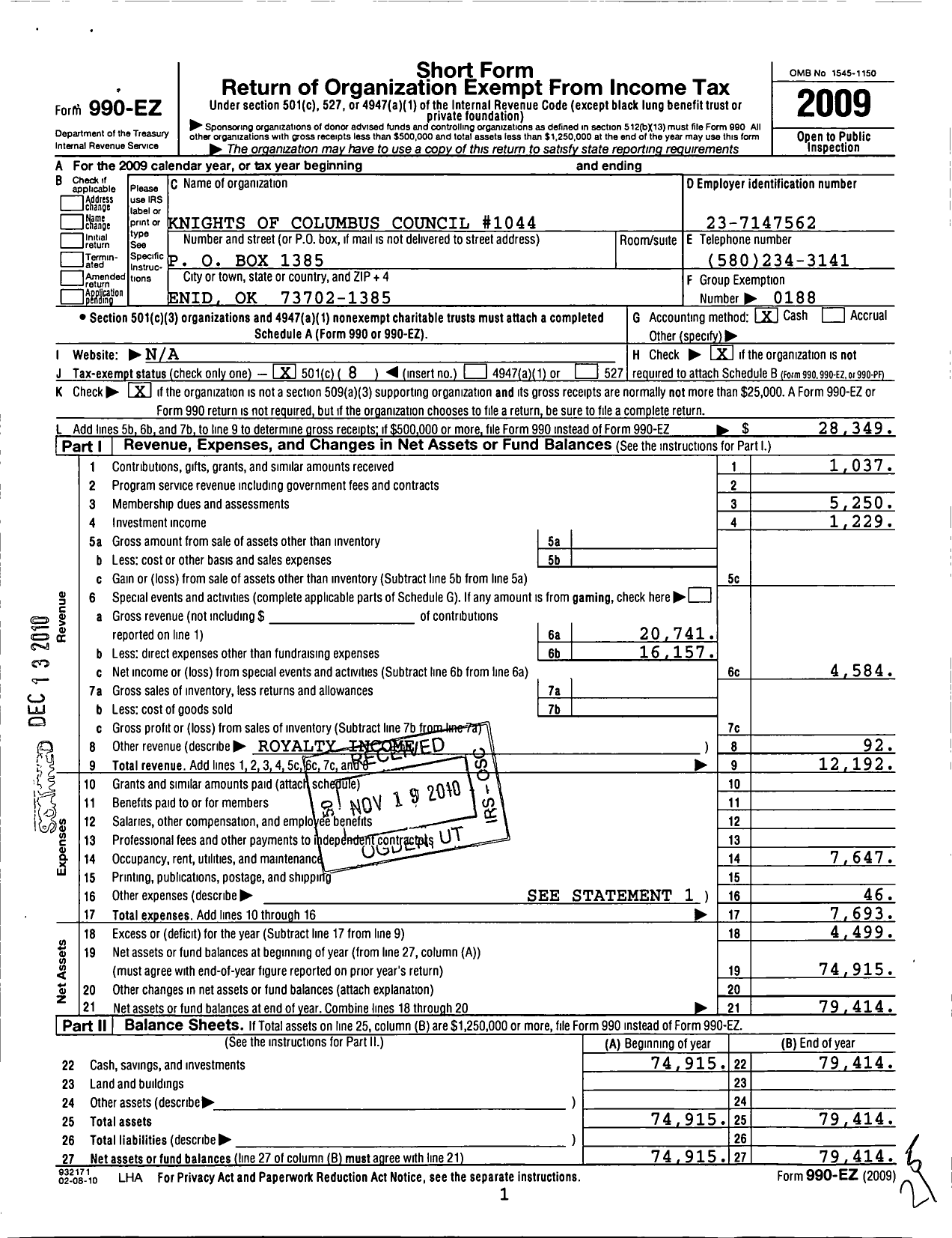 Image of first page of 2009 Form 990EO for Knights of Columbus - 1044 Dr Francis M Duffy Council