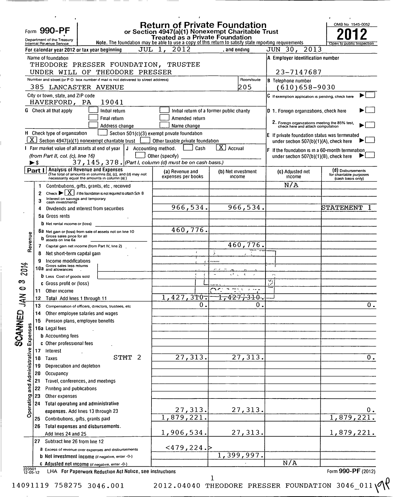 Image of first page of 2012 Form 990PF for Theodore Presser Foundation Trustee Under Will of Theodore Presser