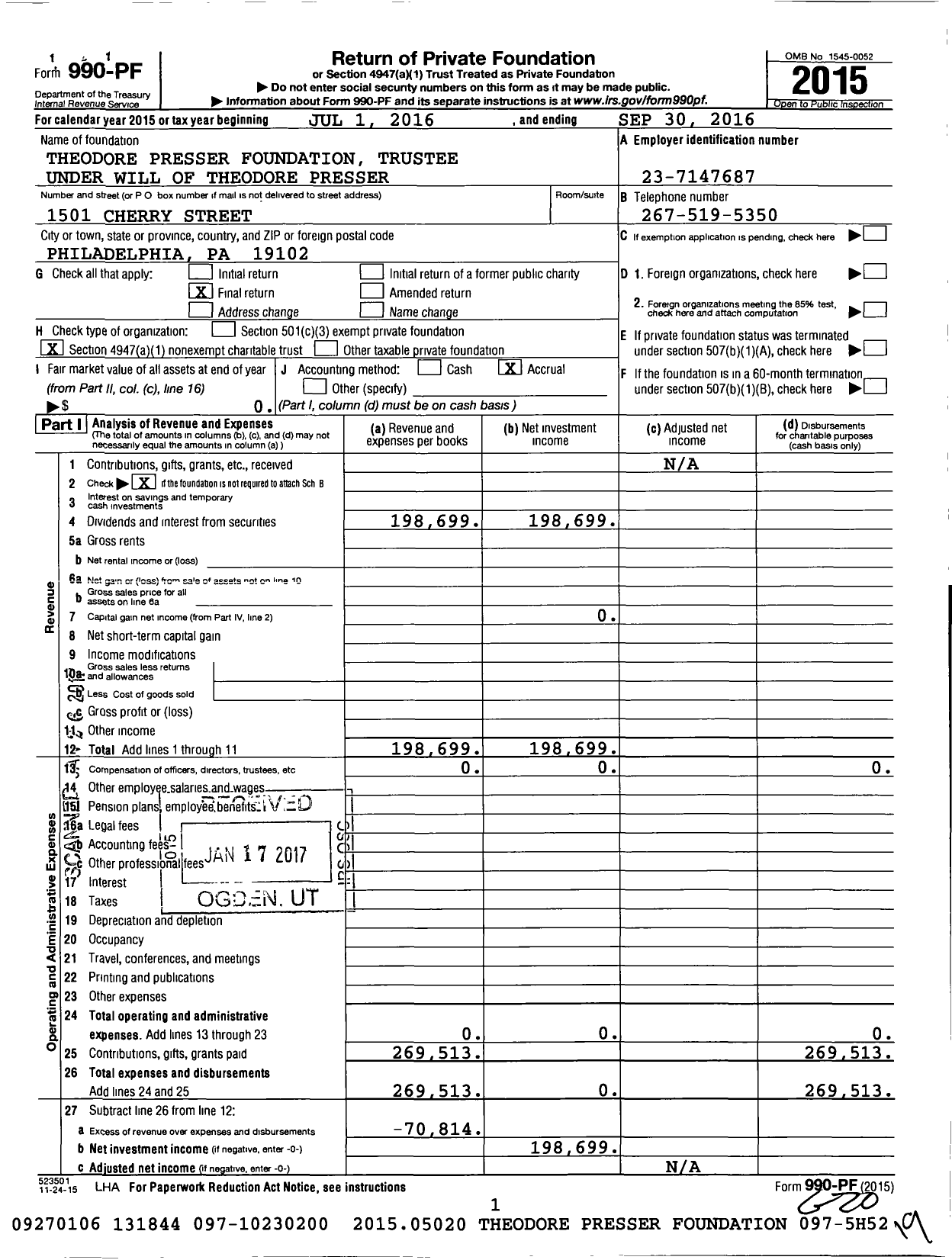 Image of first page of 2015 Form 990PF for Theodore Presser Foundation Trustee Under Will of Theodore Presser