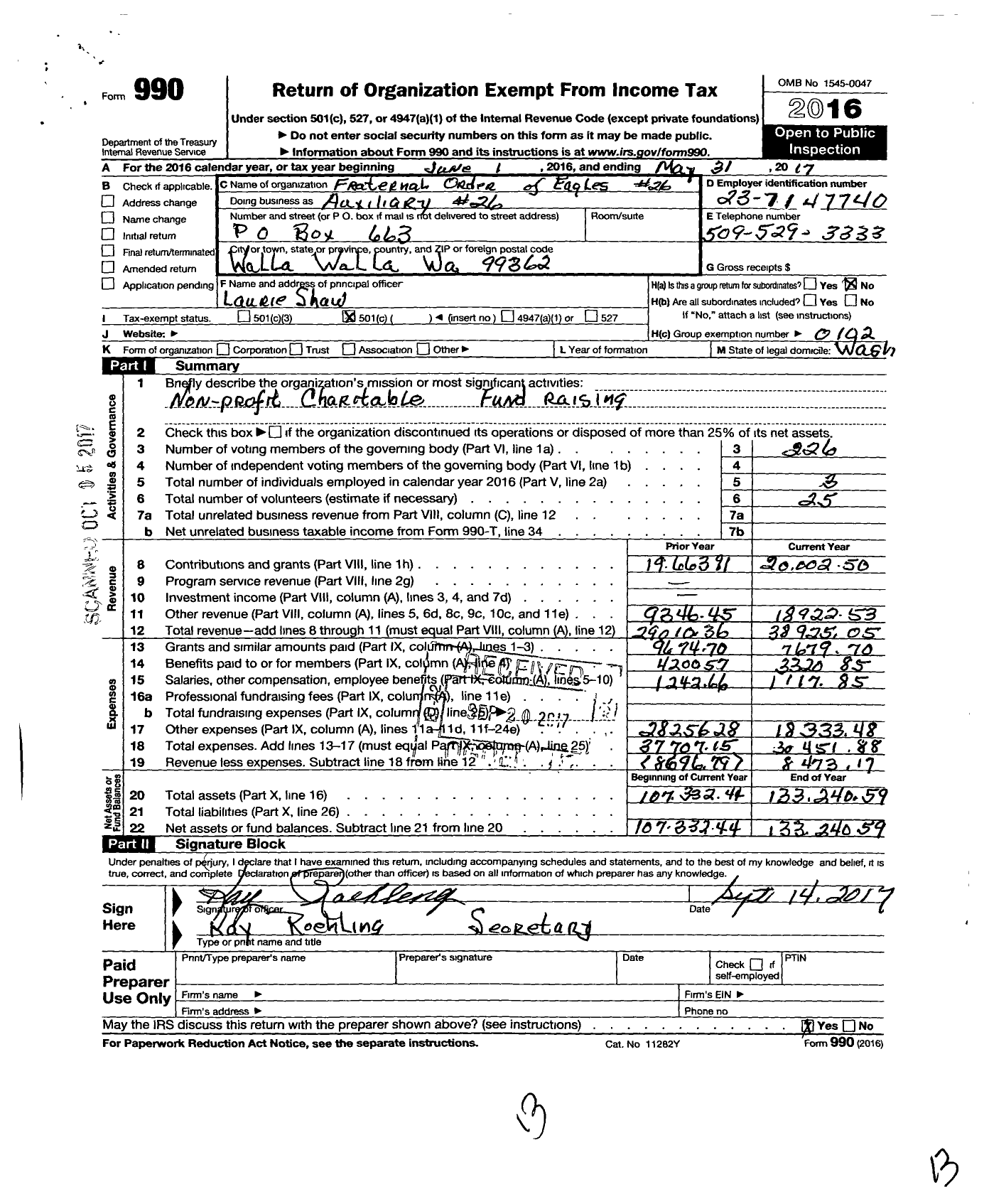 Image of first page of 2016 Form 990O for Fraternal Order of Eagles - 26 Aux