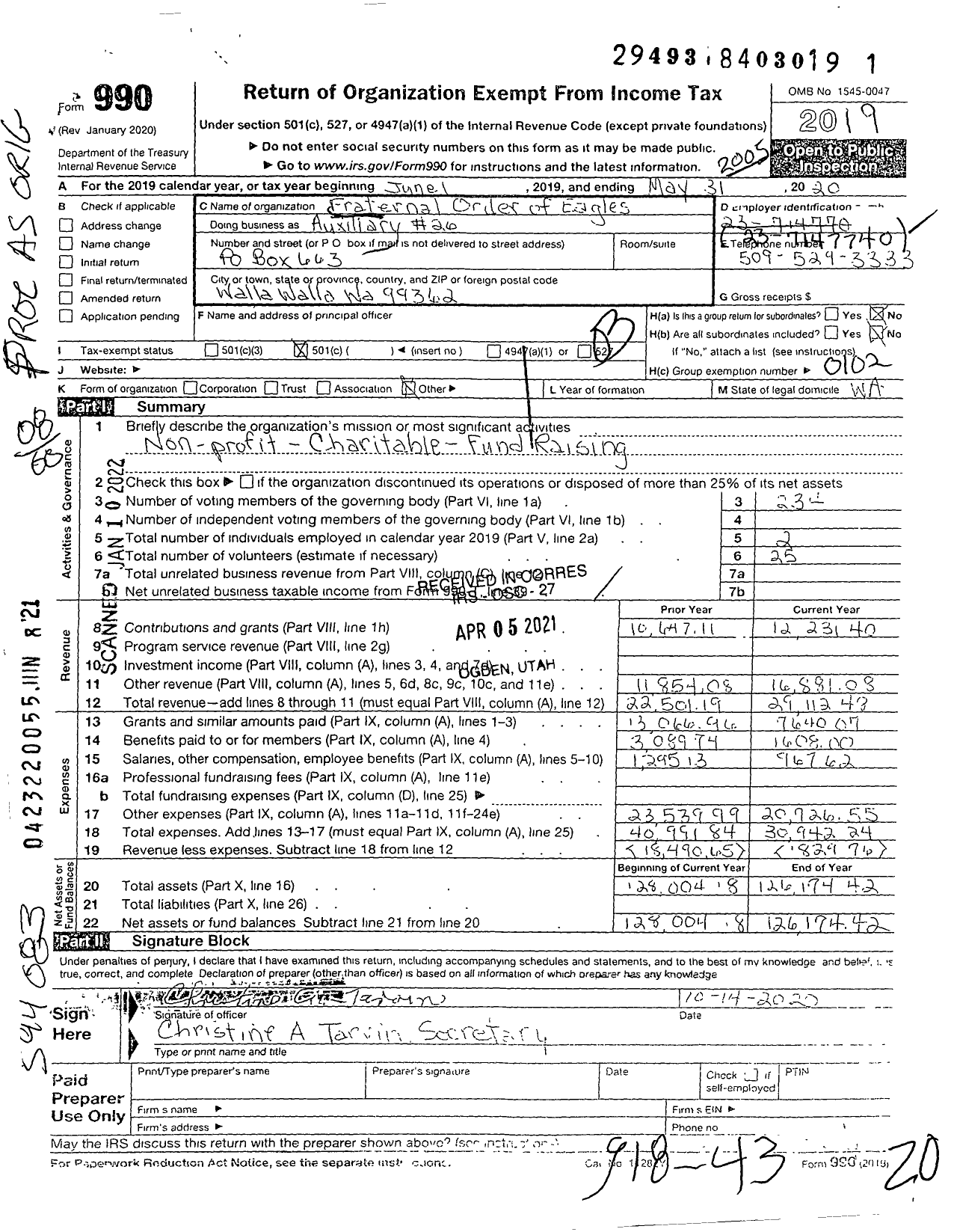 Image of first page of 2019 Form 990O for Fraternal Order of Eagles - 26 Aux