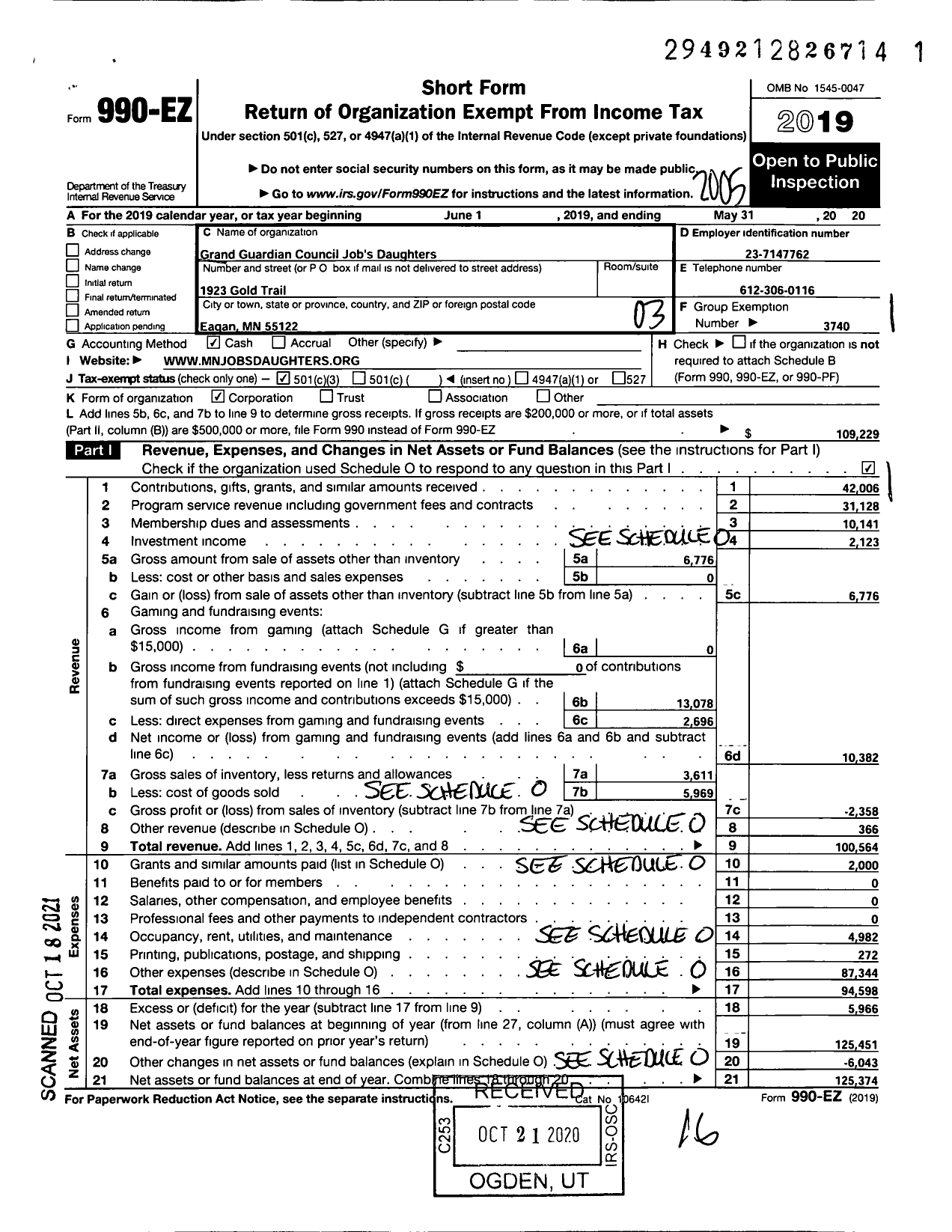 Image of first page of 2019 Form 990EZ for Jobs Daughters International / Grand Guardian Council of Minnesota