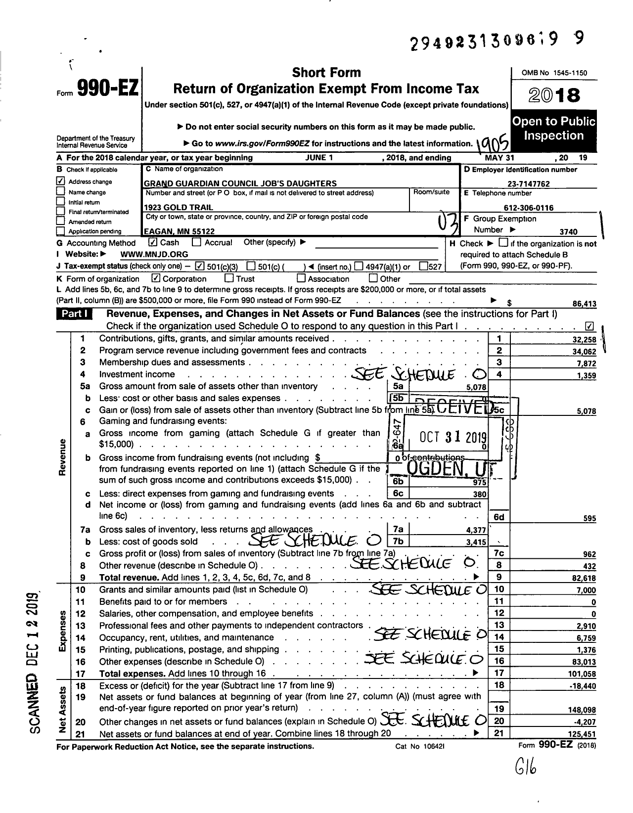 Image of first page of 2018 Form 990EZ for Jobs Daughters International / Grand Guardian Council of Minnesota