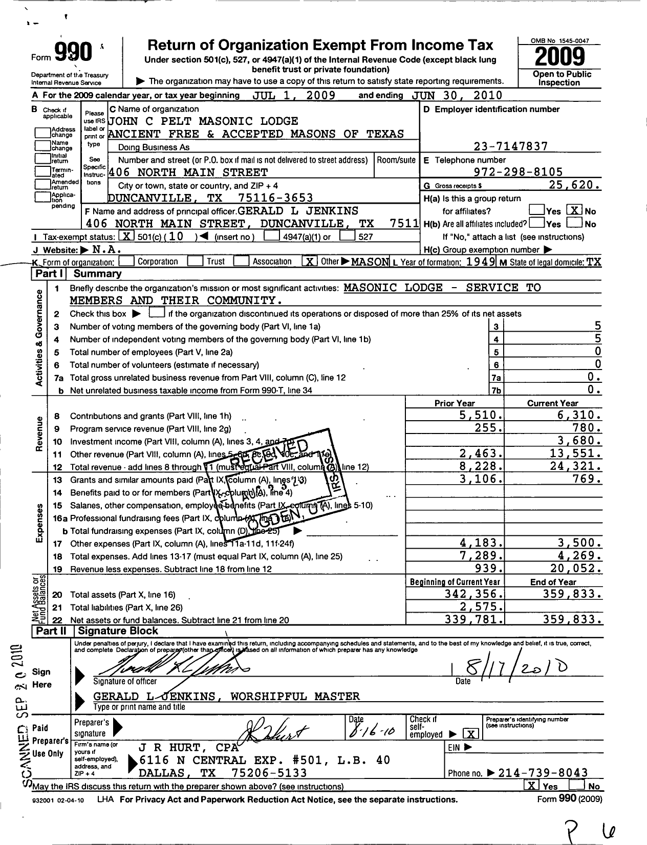 Image of first page of 2009 Form 990O for Freemasons in Texas - 1321 John C Pelt