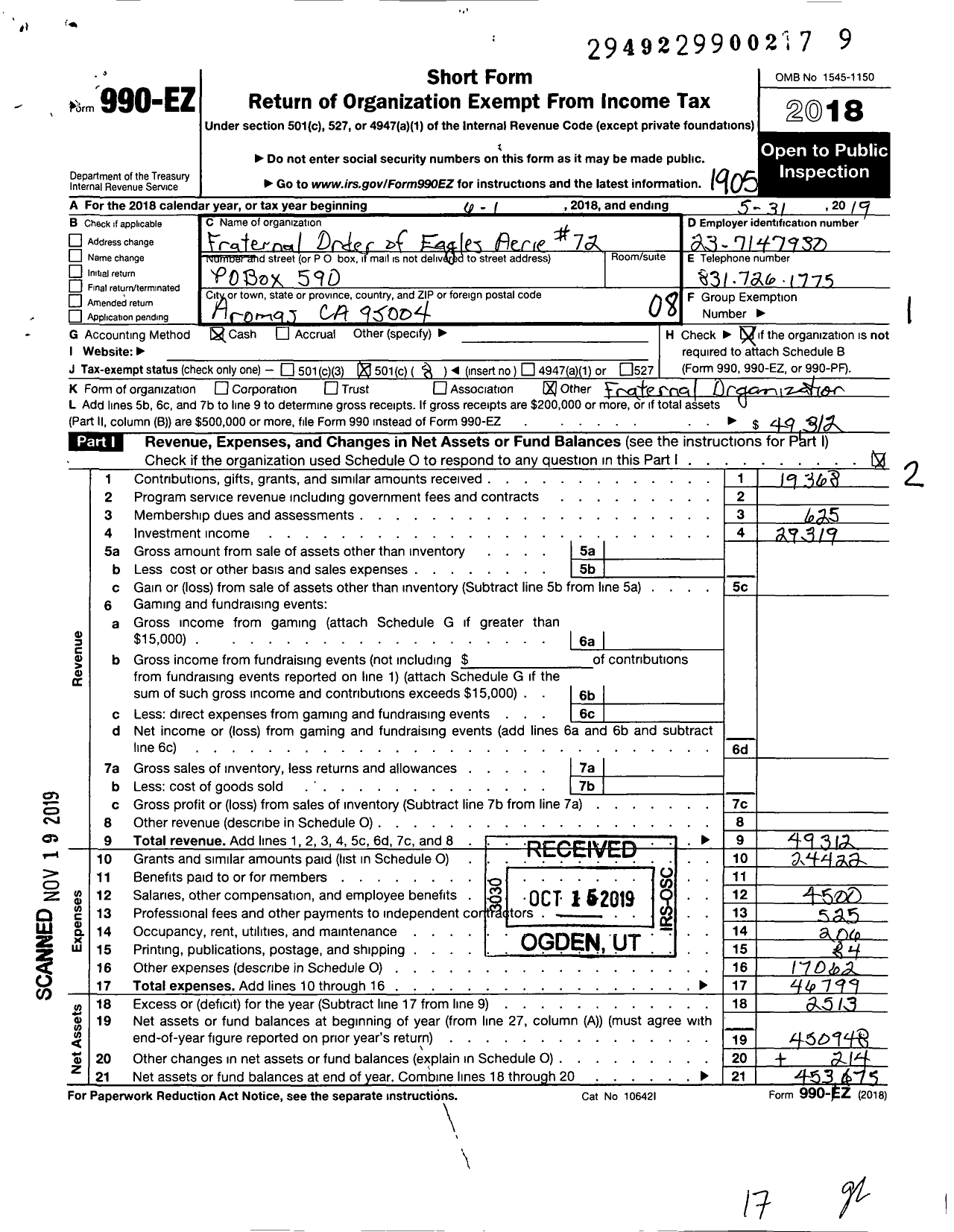 Image of first page of 2018 Form 990EO for Fraternal Order of Eagles - 72 Aerie