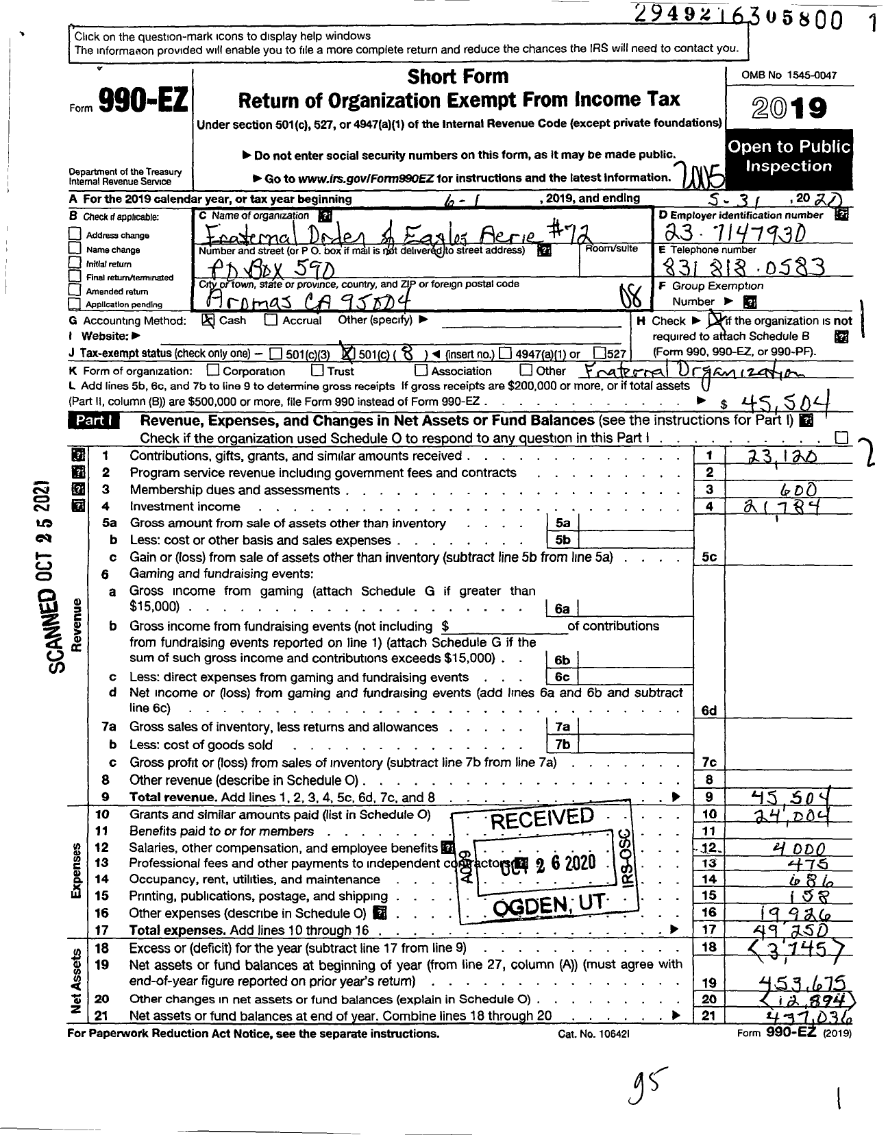 Image of first page of 2019 Form 990EO for Fraternal Order of Eagles - 72 Aerie