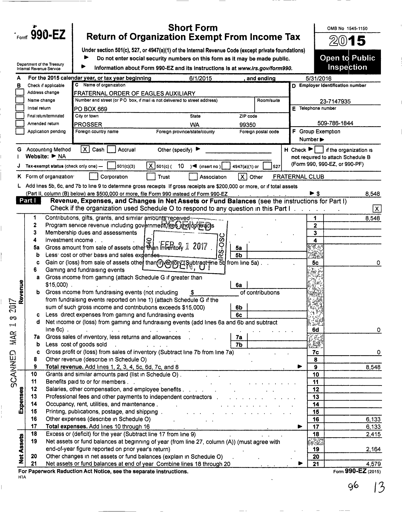 Image of first page of 2015 Form 990EO for Fraternal Order of Eagles - 2647 Aux