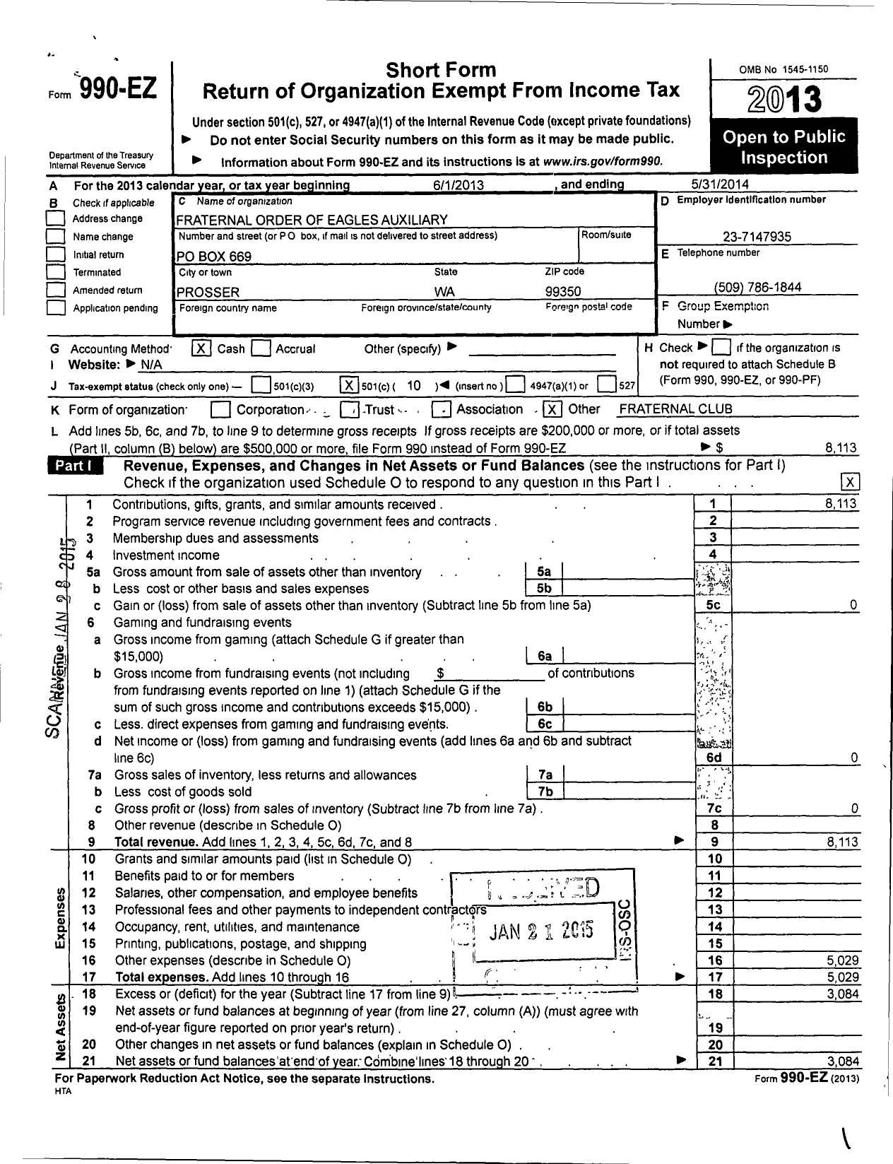 Image of first page of 2013 Form 990EO for Fraternal Order of Eagles - 2647 Aux