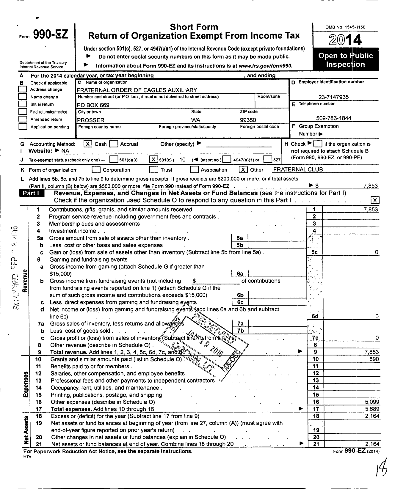 Image of first page of 2014 Form 990EO for Fraternal Order of Eagles - 2647 Aux