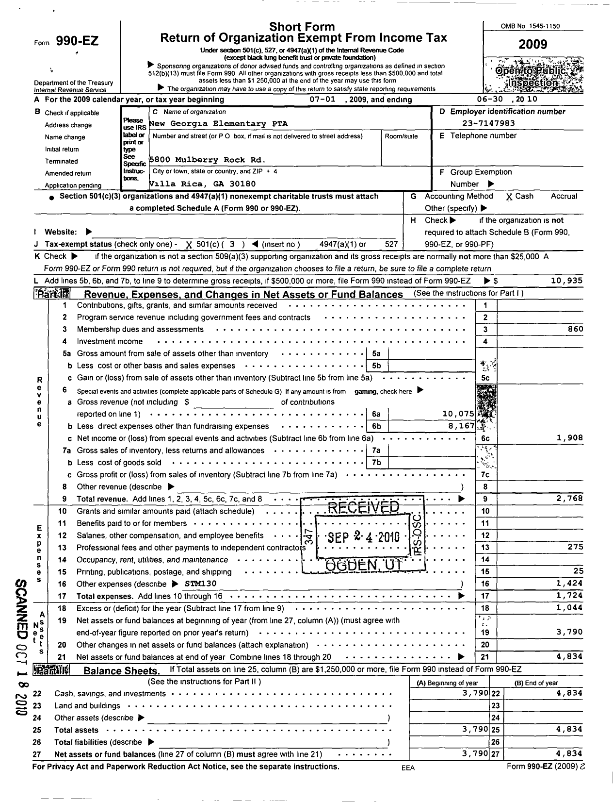 Image of first page of 2009 Form 990EZ for Georgia PTA - PTA Georgia Congress