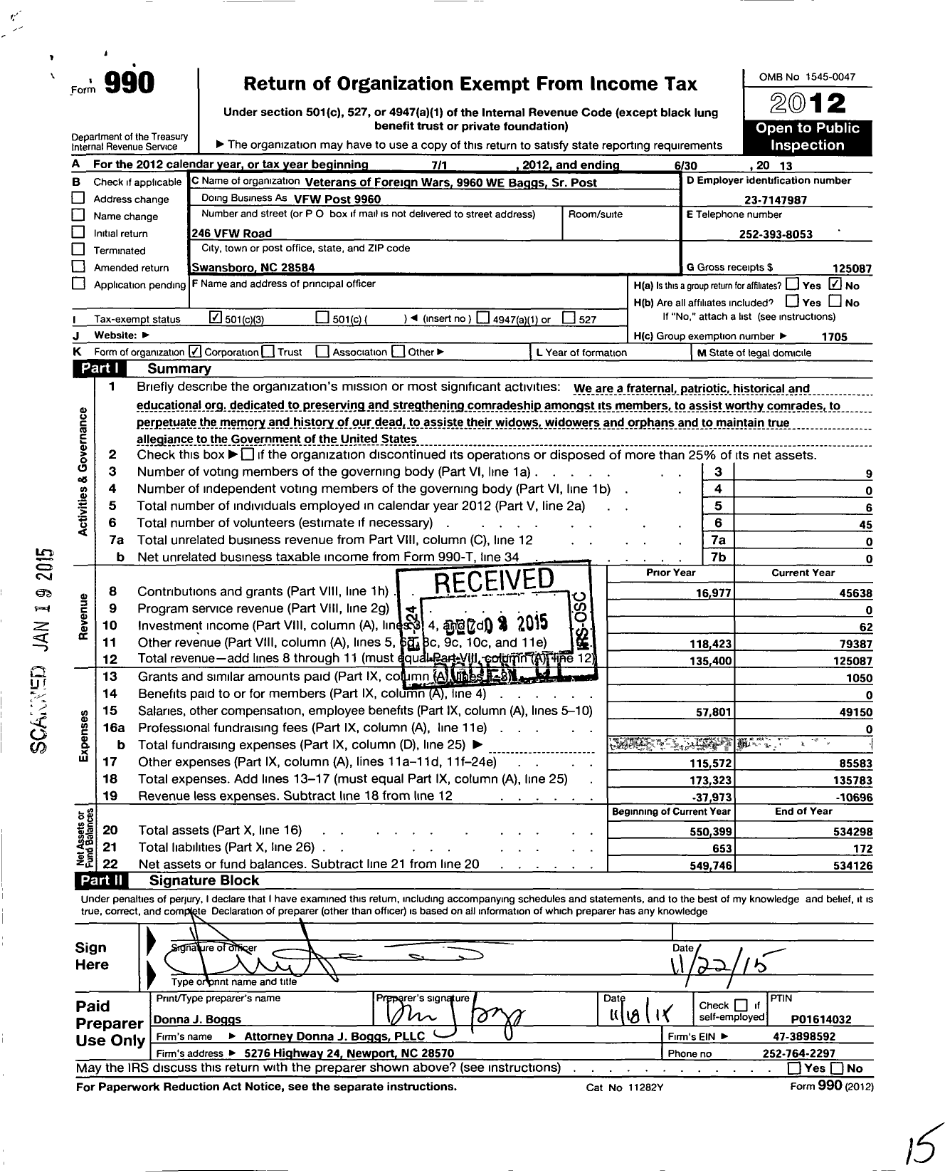 Image of first page of 2012 Form 990 for VFW Post 9960