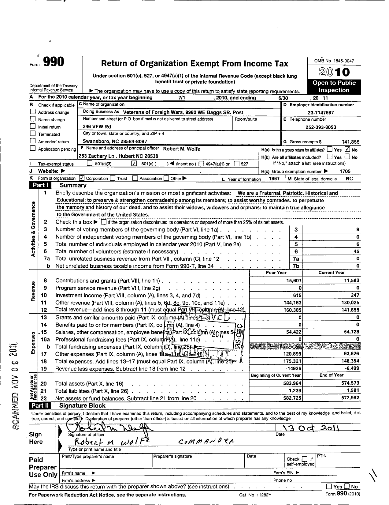 Image of first page of 2010 Form 990O for VFW Post 9960