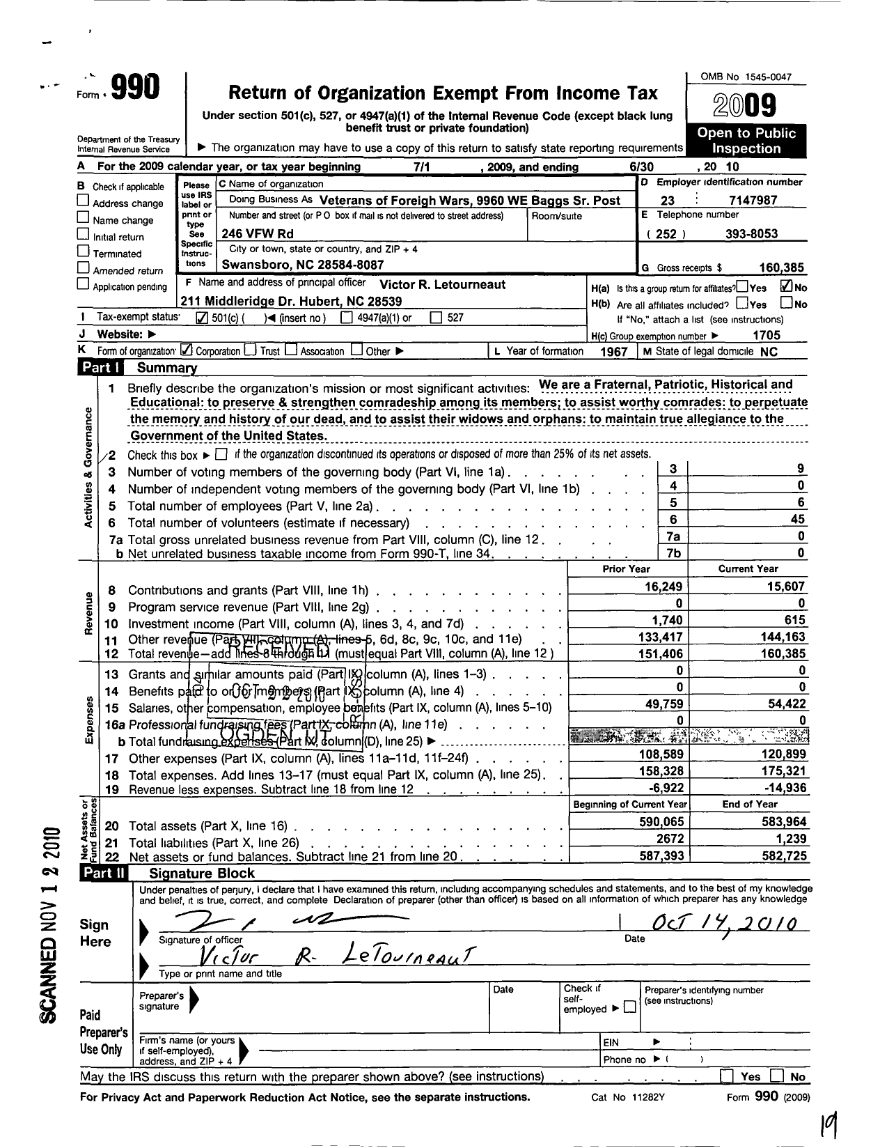 Image of first page of 2009 Form 990O for VFW Post 9960