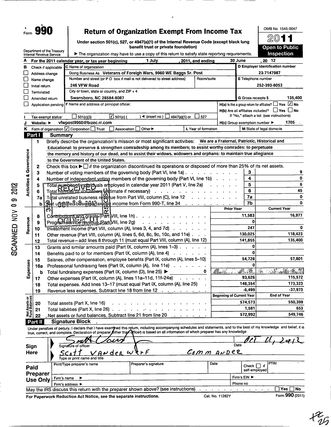 Image of first page of 2011 Form 990O for VFW Post 9960