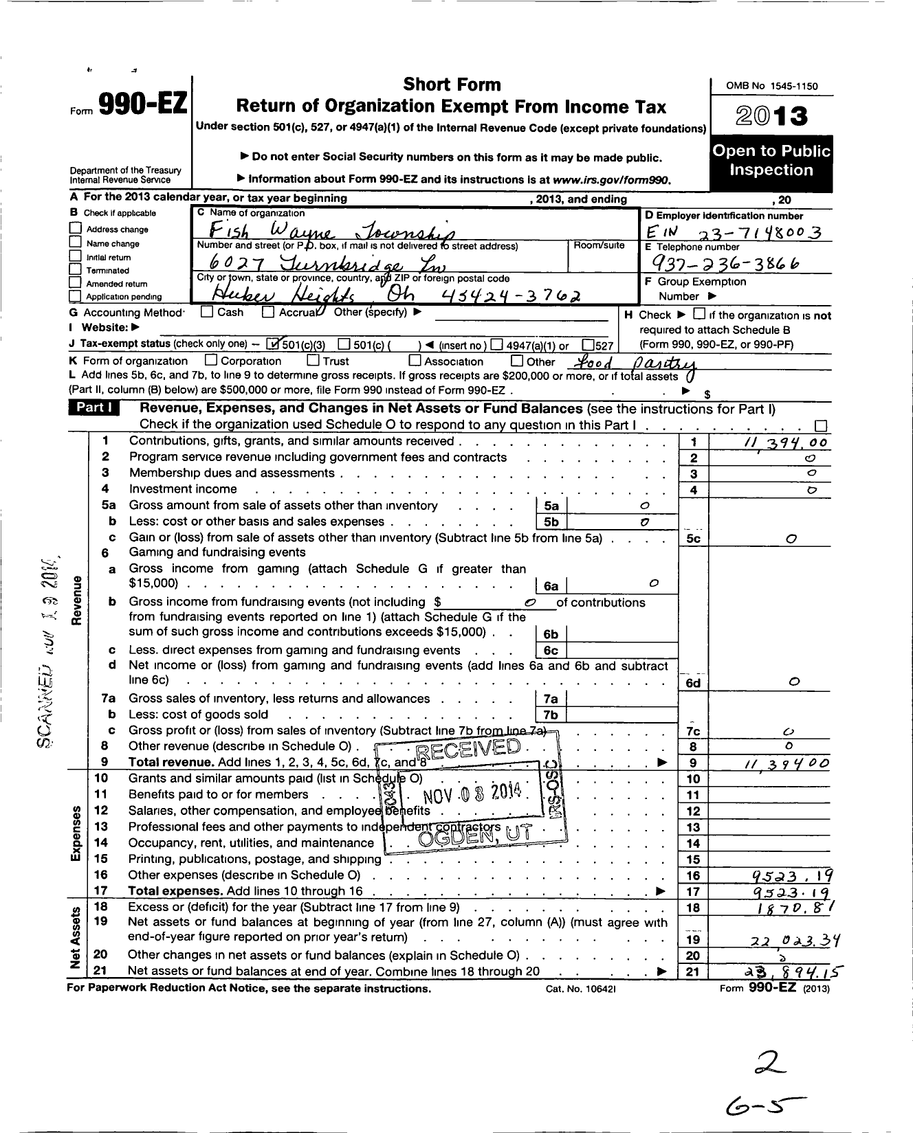 Image of first page of 2013 Form 990EZ for Fish Wayne Township