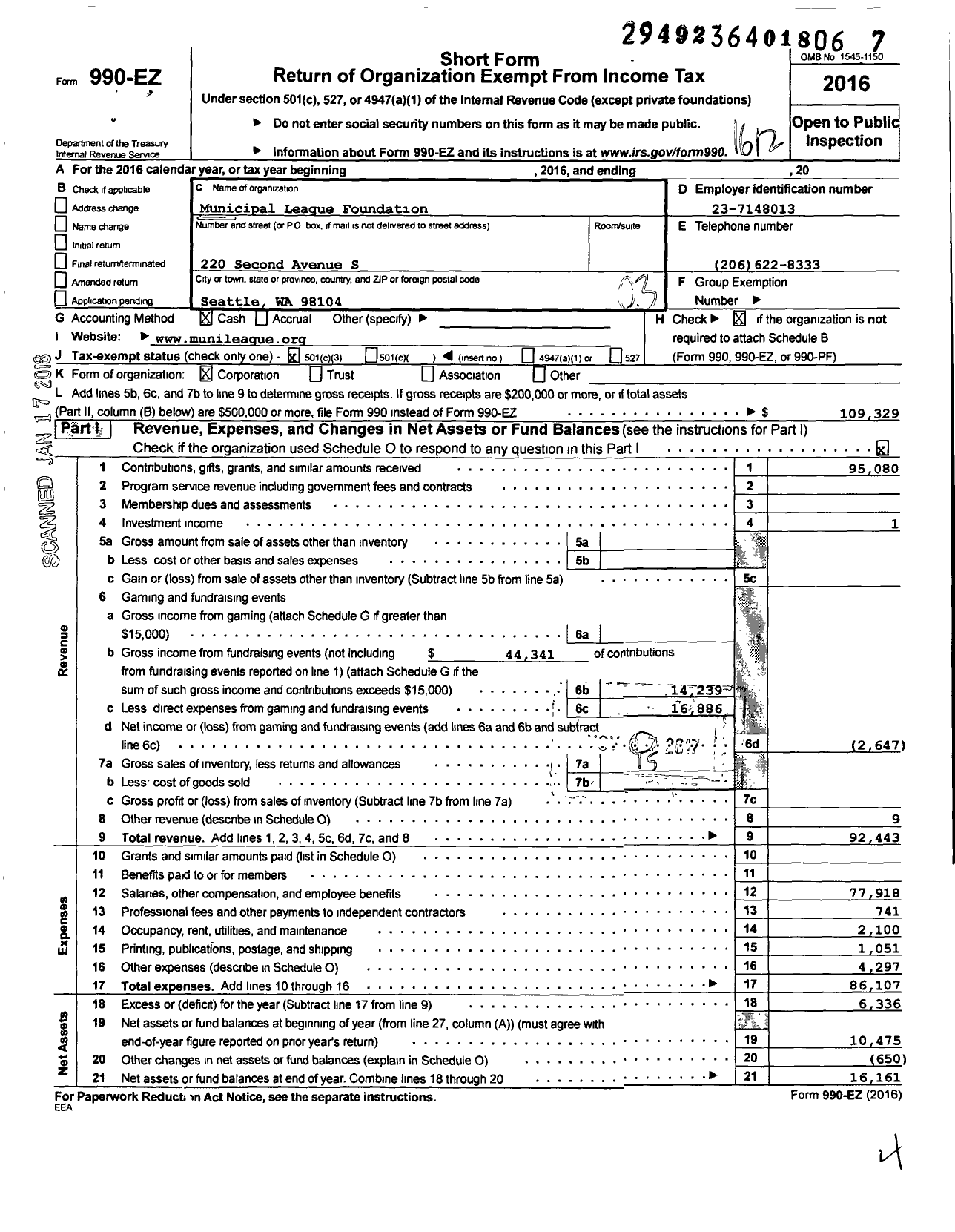 Image of first page of 2016 Form 990EZ for Municipal League Foundation