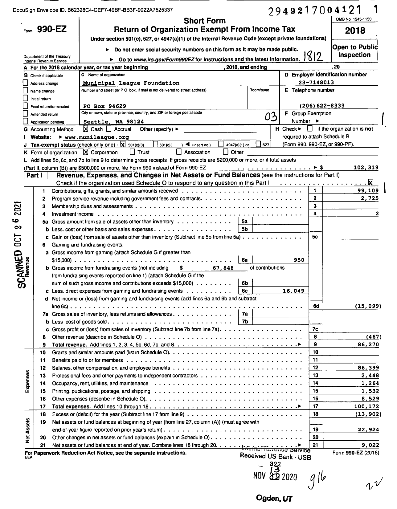 Image of first page of 2018 Form 990EZ for Municipal League Foundation
