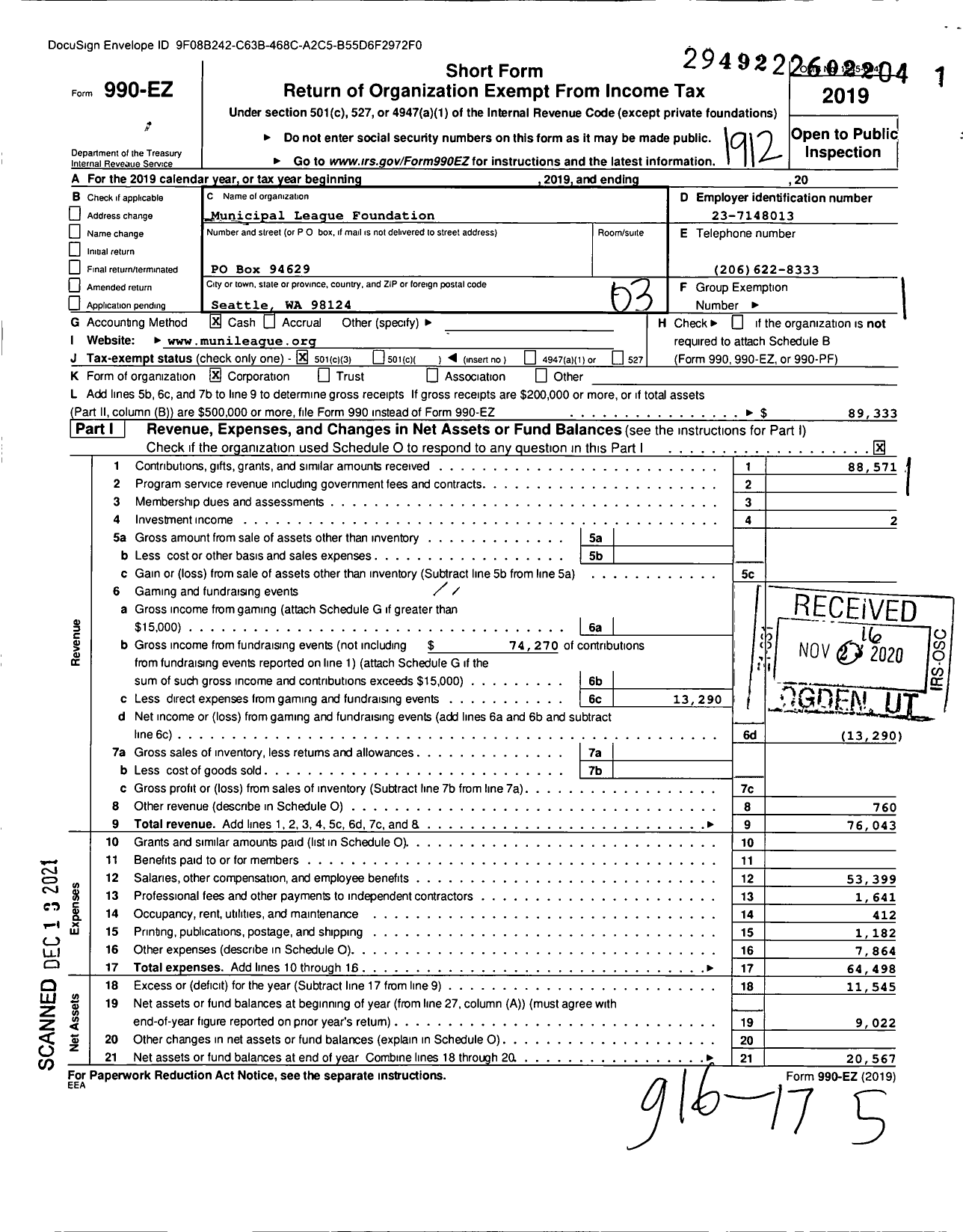Image of first page of 2019 Form 990EZ for Municipal League Foundation