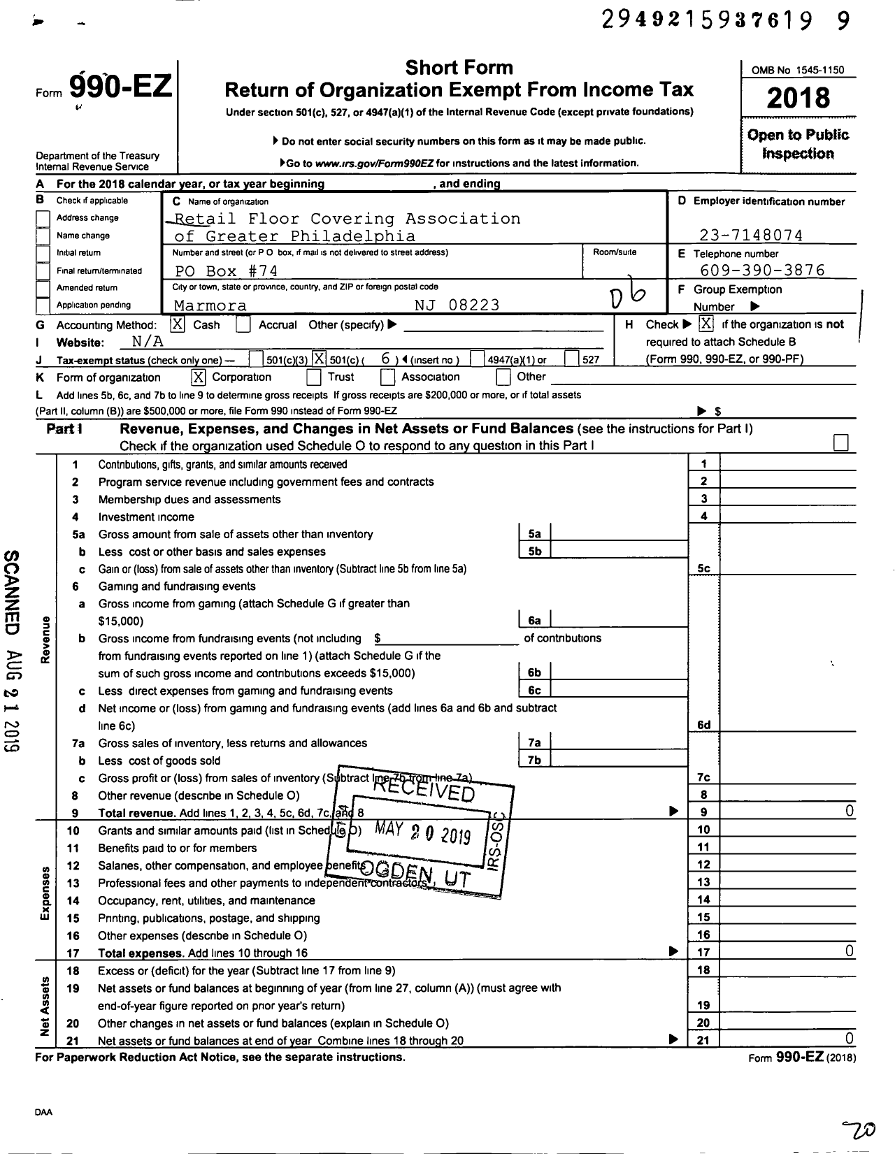 Image of first page of 2018 Form 990EO for Retail Floor Covering Association of Greater Philadelphia