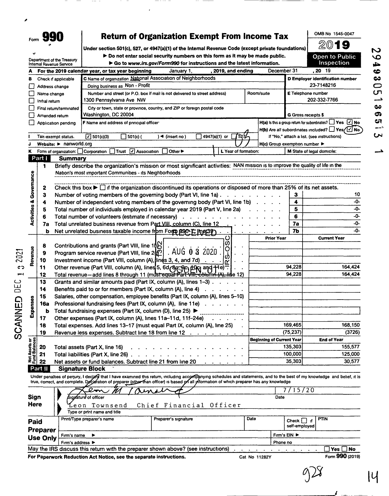 Image of first page of 2019 Form 990 for Non - Profit / National Association of Neighborhoods