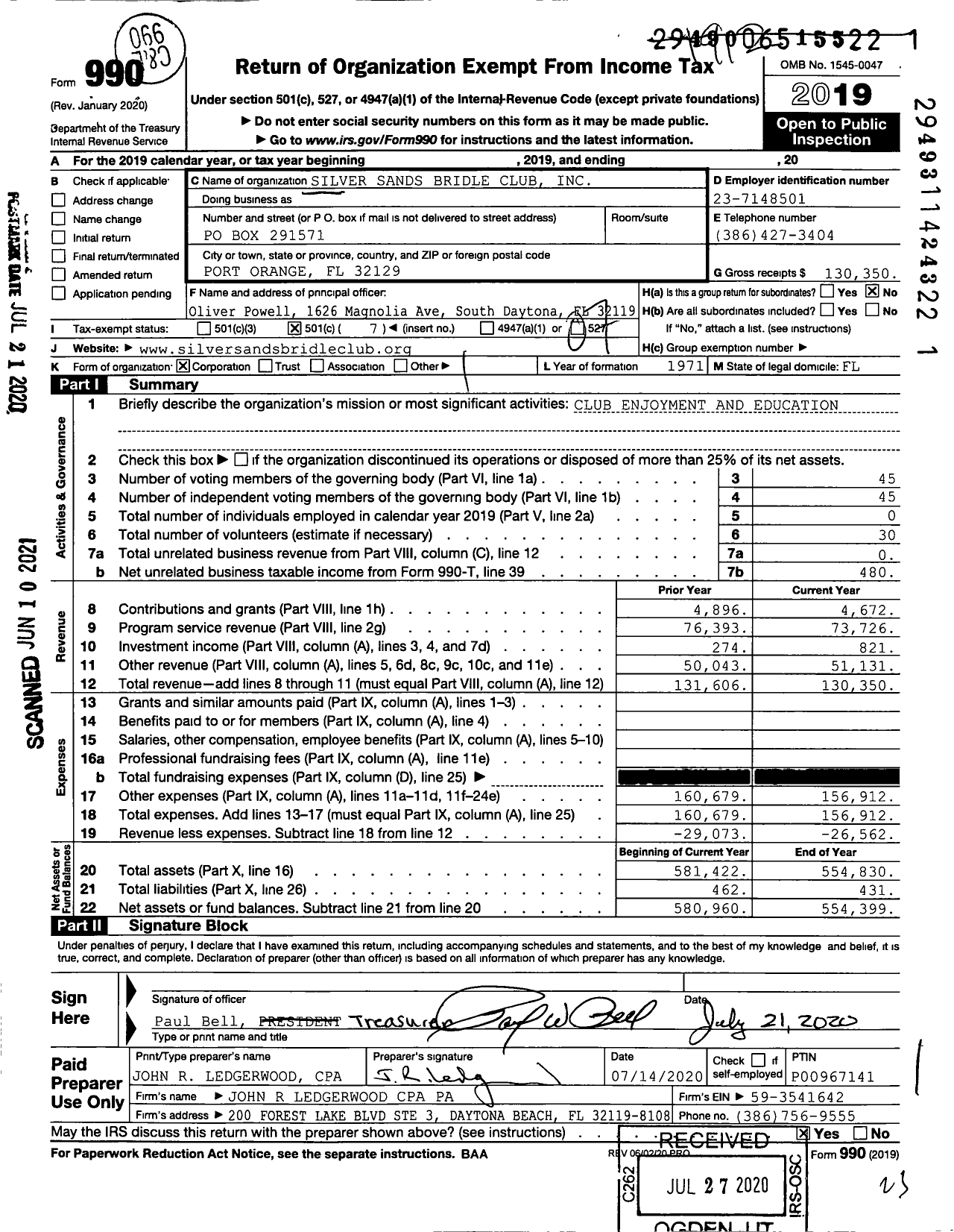 Image of first page of 2019 Form 990O for Silver Sands Bridle Club