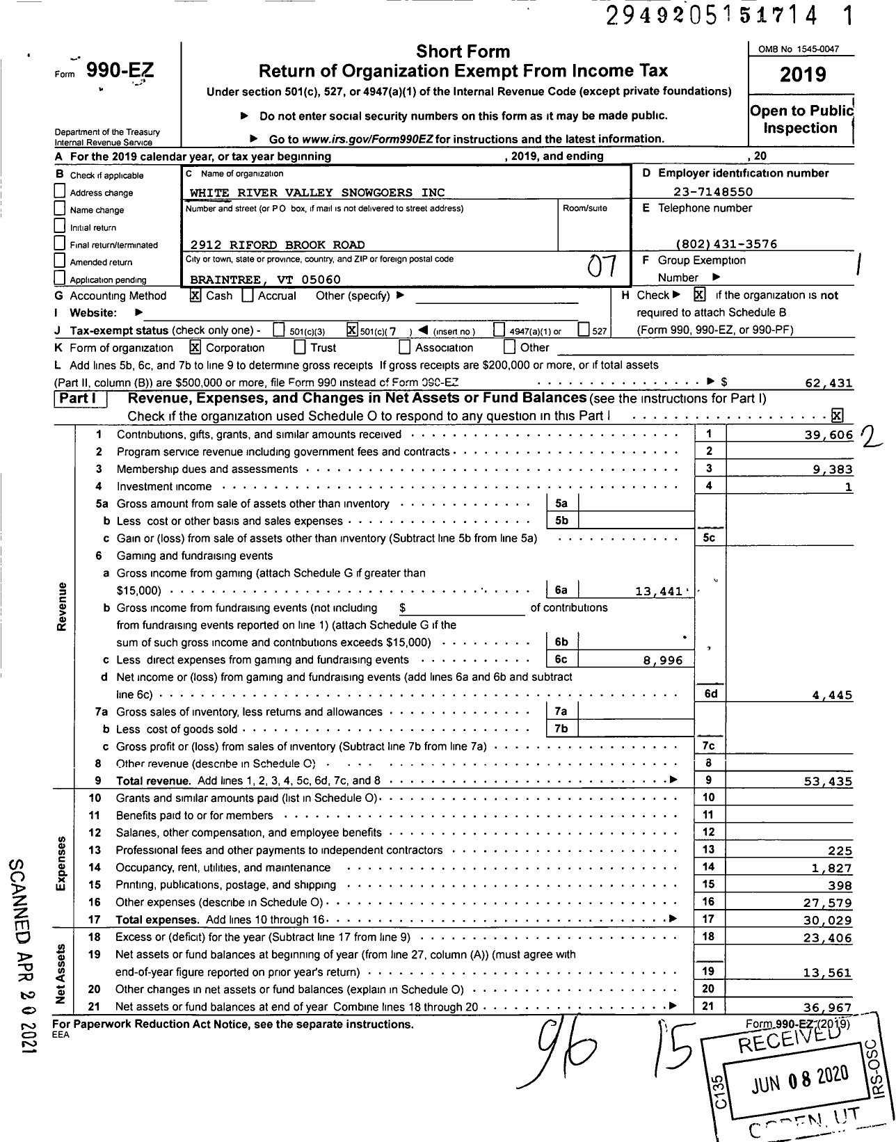 Image of first page of 2019 Form 990EO for White River Valley Snowgoers