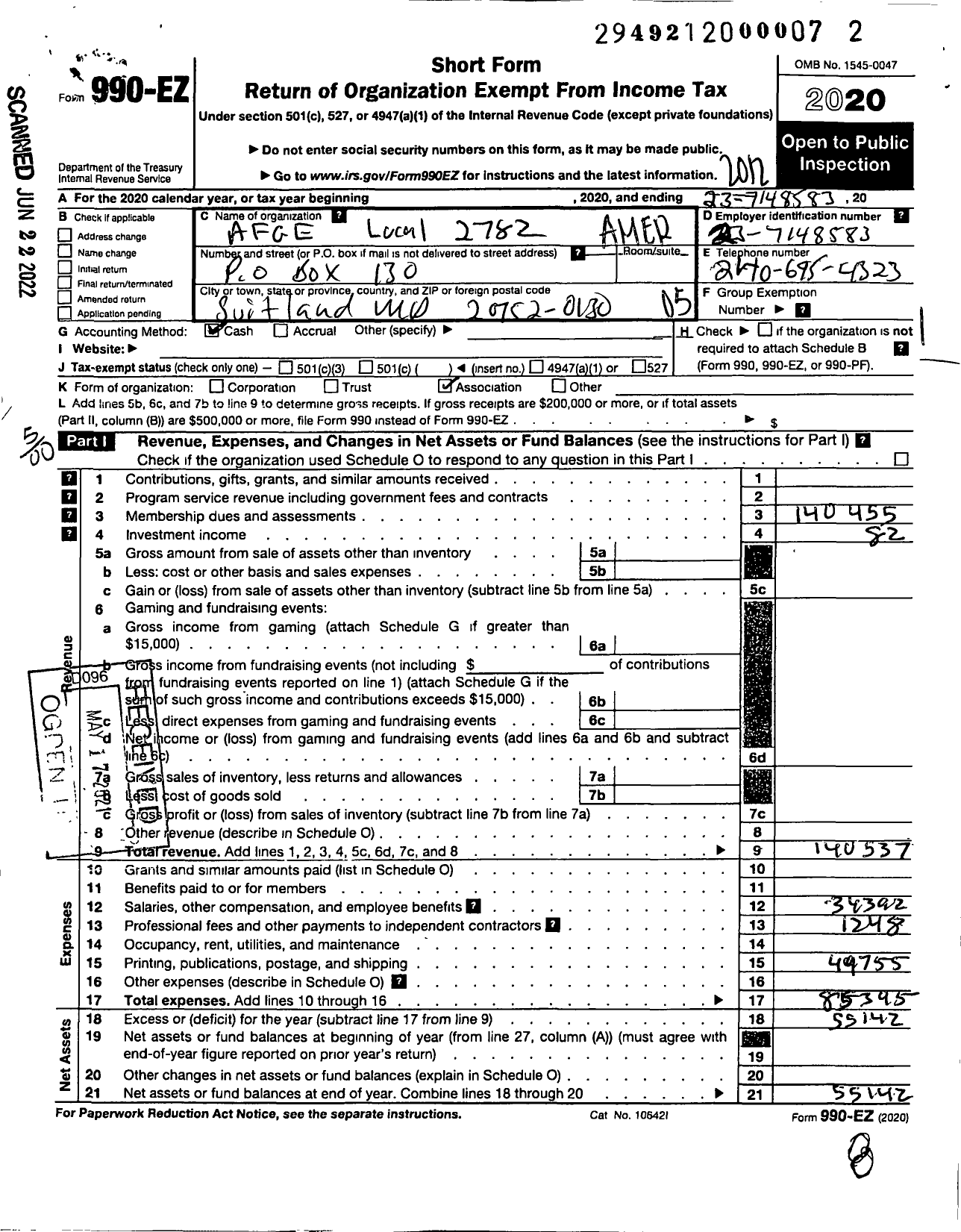 Image of first page of 2020 Form 990EO for American Federation of Government Employees - 2782 Local Afge