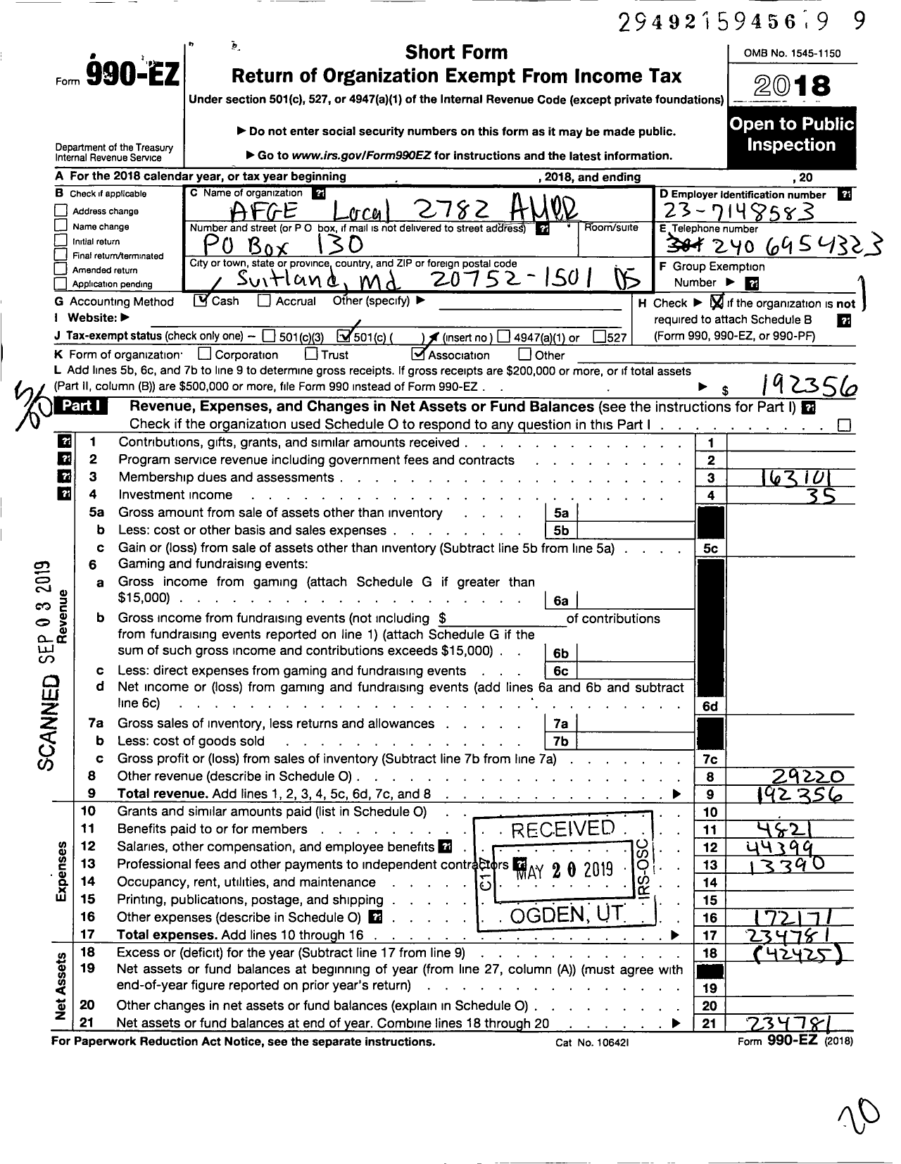 Image of first page of 2018 Form 990EO for American Federation of Government Employees - 2782 Local Afge