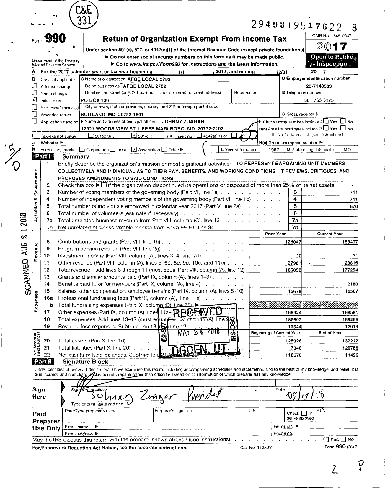 Image of first page of 2017 Form 990O for American Federation of Government Employees - 2782 Local Afge