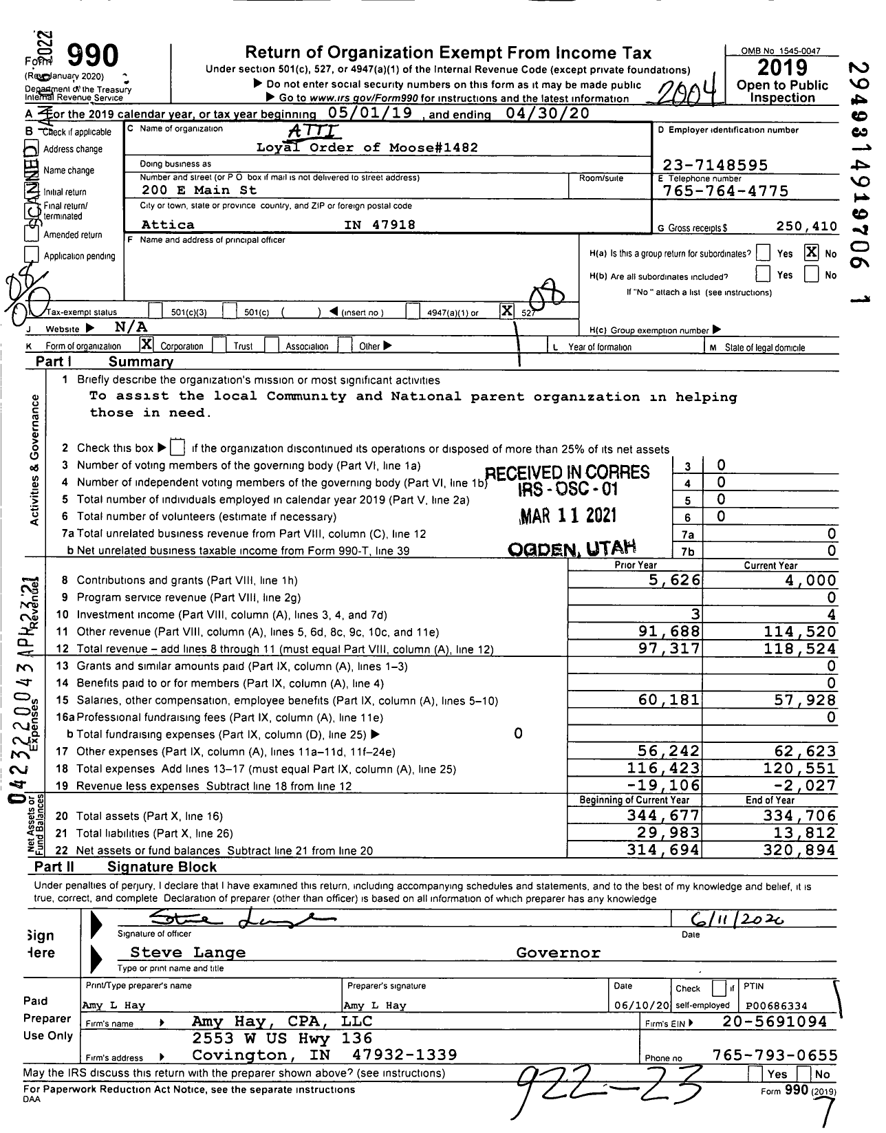 Image of first page of 2019 Form 990O for Loyal Order of Moose - 1482