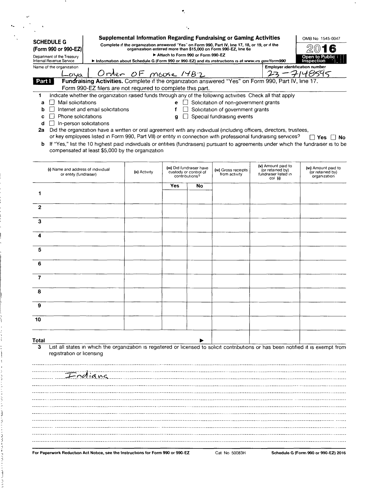 Image of first page of 2016 Form 990ER for Loyal Order of Moose - 1482