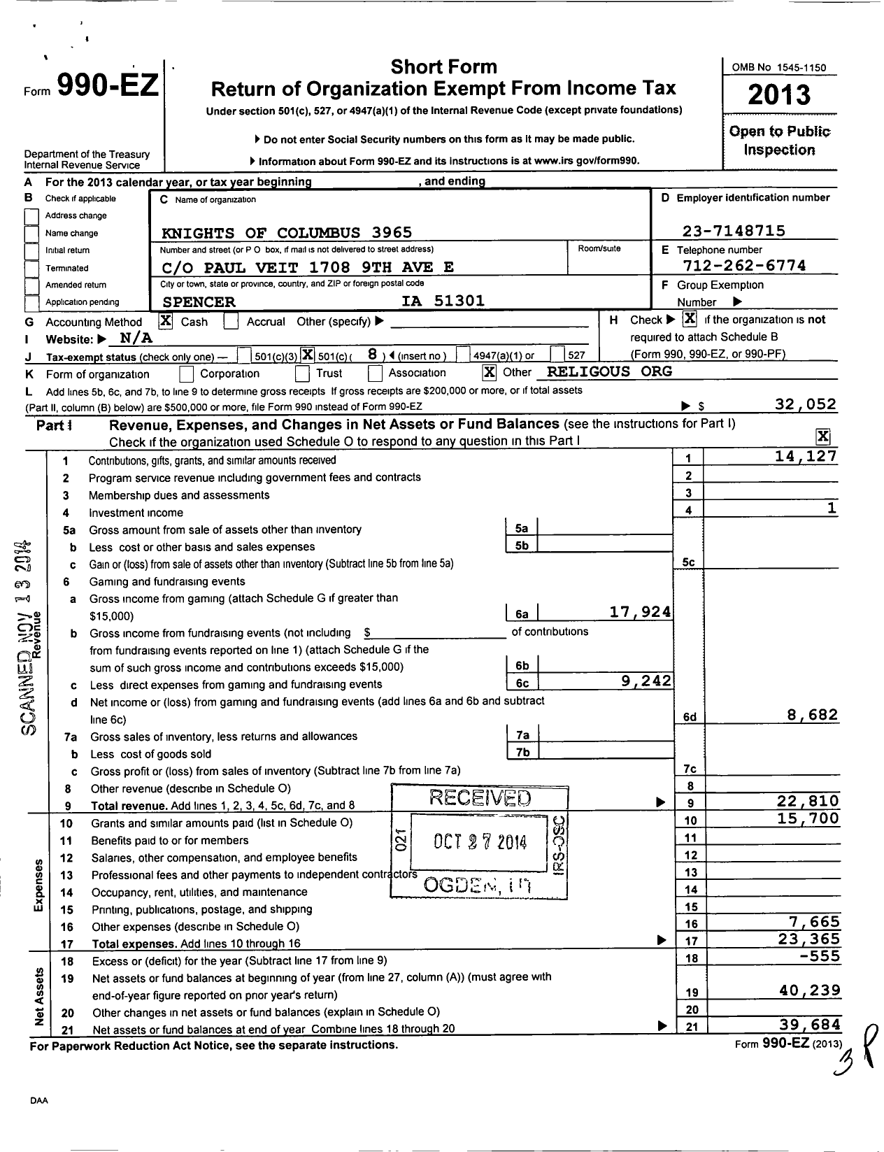 Image of first page of 2013 Form 990EO for Knights of Columbus - 3965 Our Lady of the Lakes Council