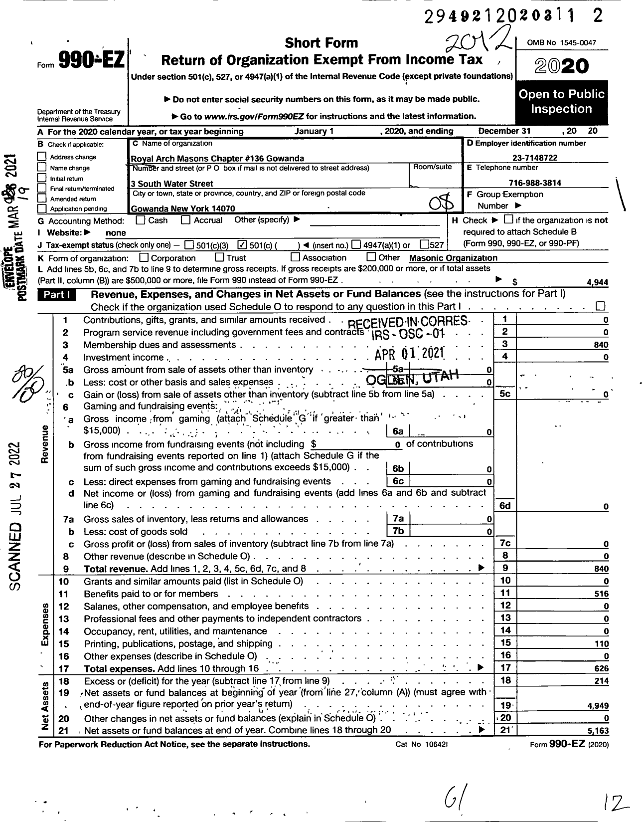 Image of first page of 2020 Form 990EO for Royal Arch Masons of New York Chapter 136 Gowanda