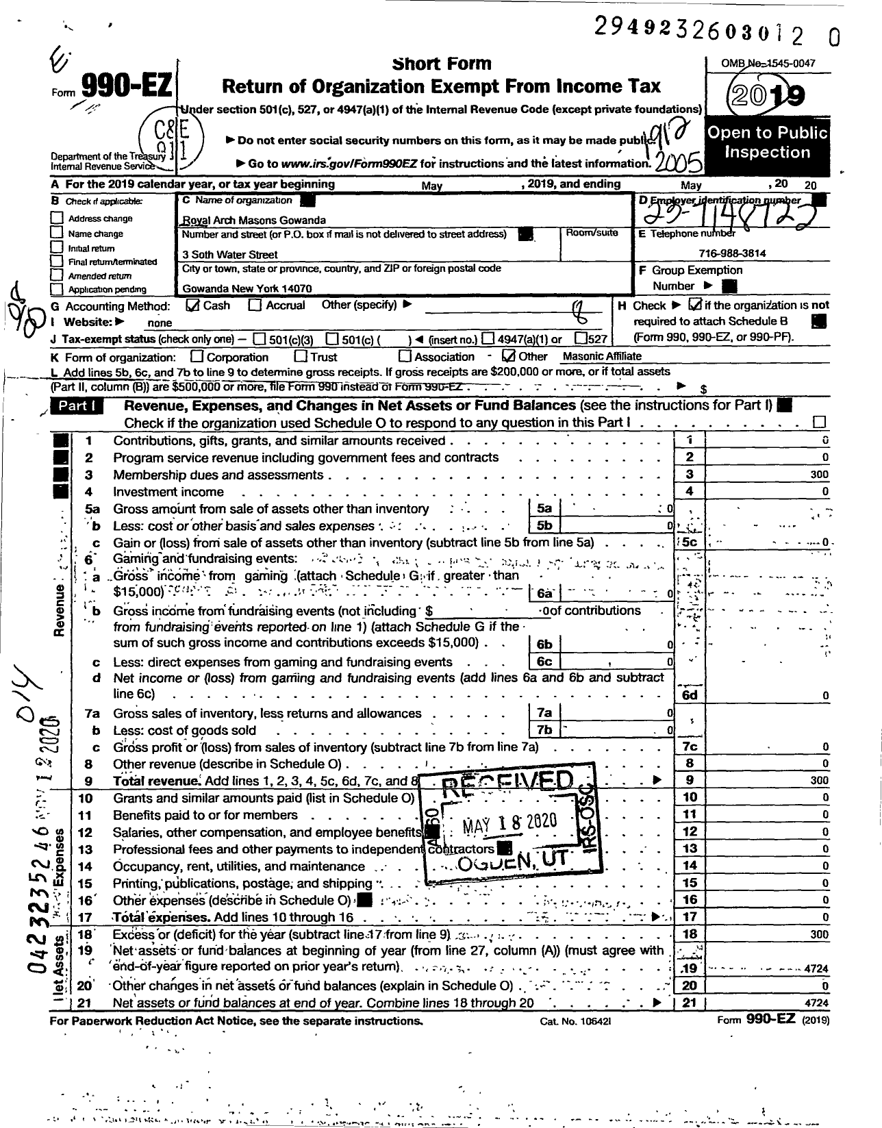 Image of first page of 2019 Form 990EO for Royal Arch Masons of New York Chapter 136 Gowanda