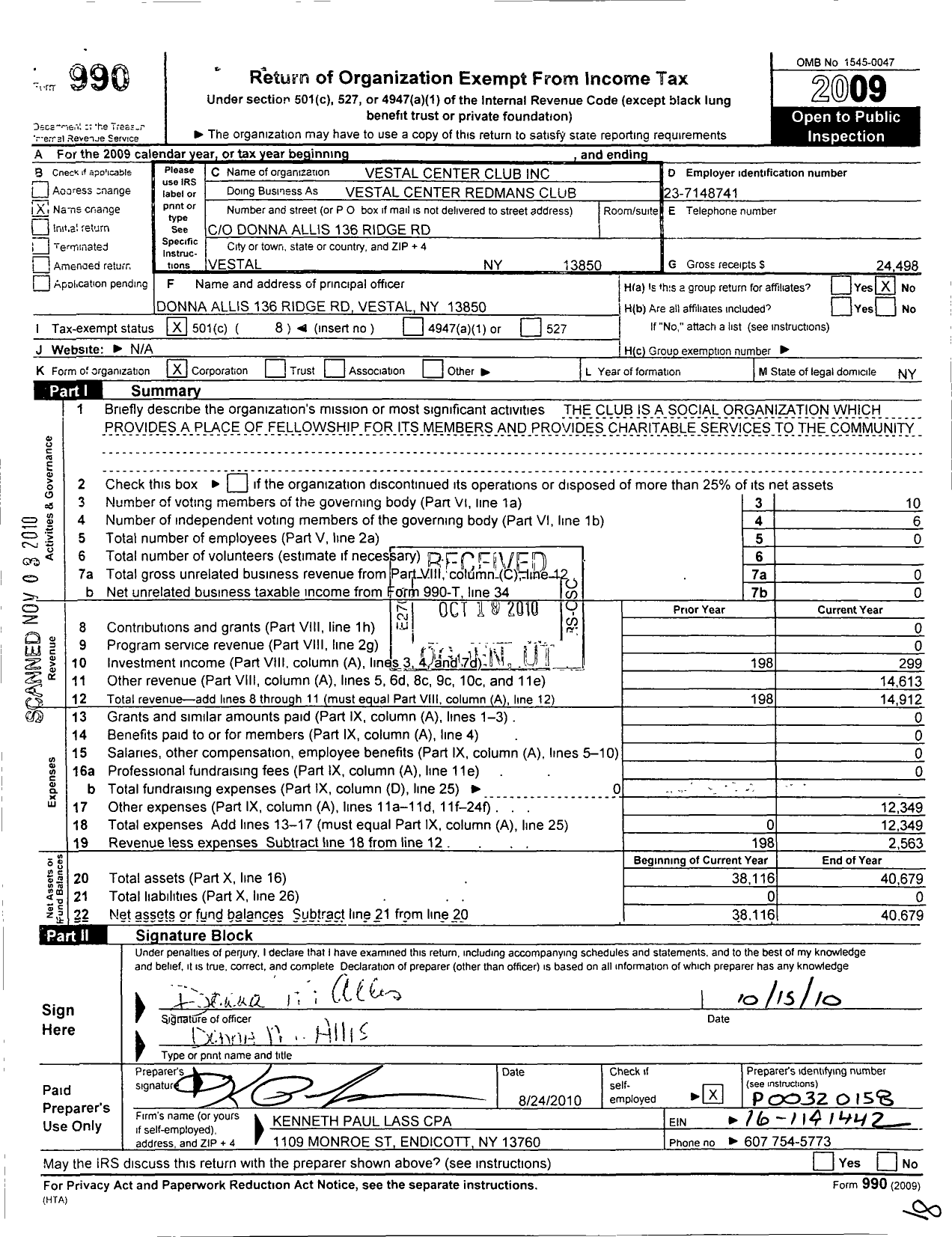 Image of first page of 2009 Form 990O for Improved Order of Red Men of New York - 236 Kickapoo Tribe