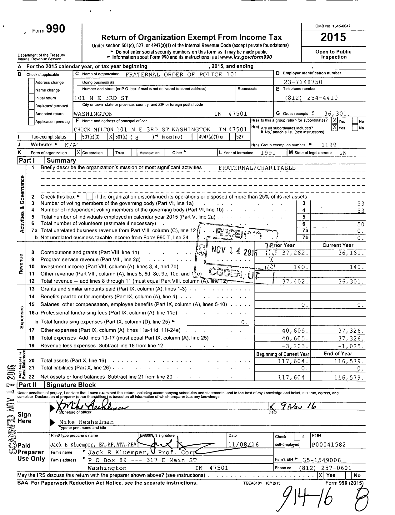 Image of first page of 2015 Form 990O for Fraternal Order of Police - 101 Washington Lodge