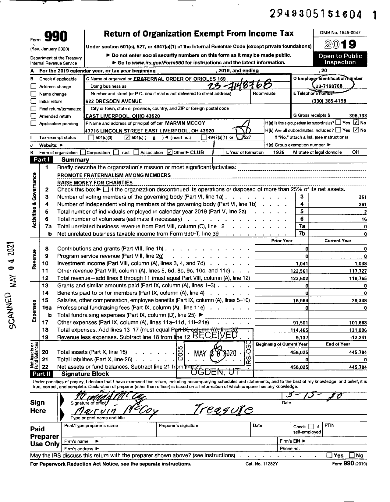 Image of first page of 2019 Form 990O for Fraternal Order of Orioles - 169 East Liverpool Nest