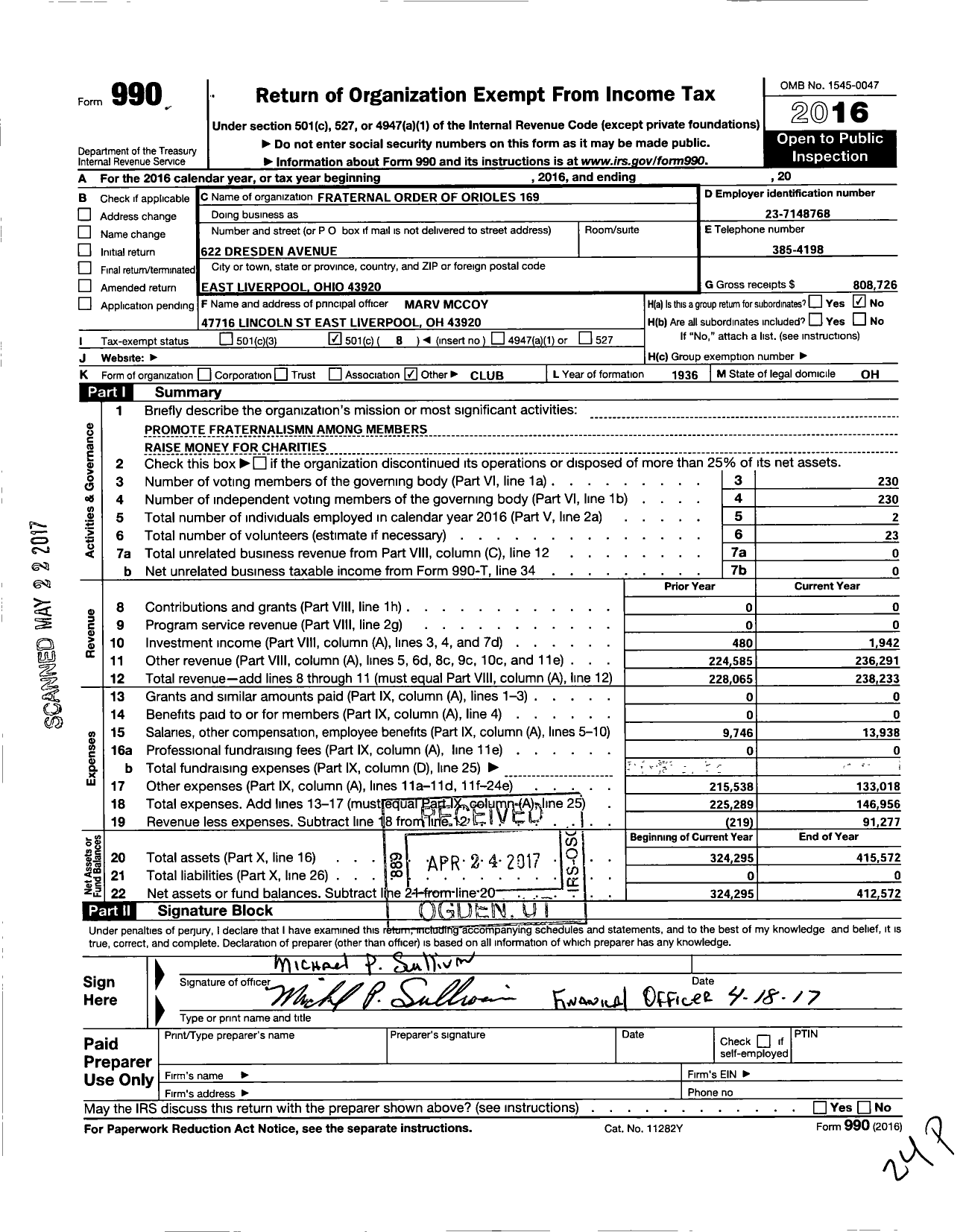 Image of first page of 2016 Form 990O for Fraternal Order of Orioles - 169 East Liverpool Nest