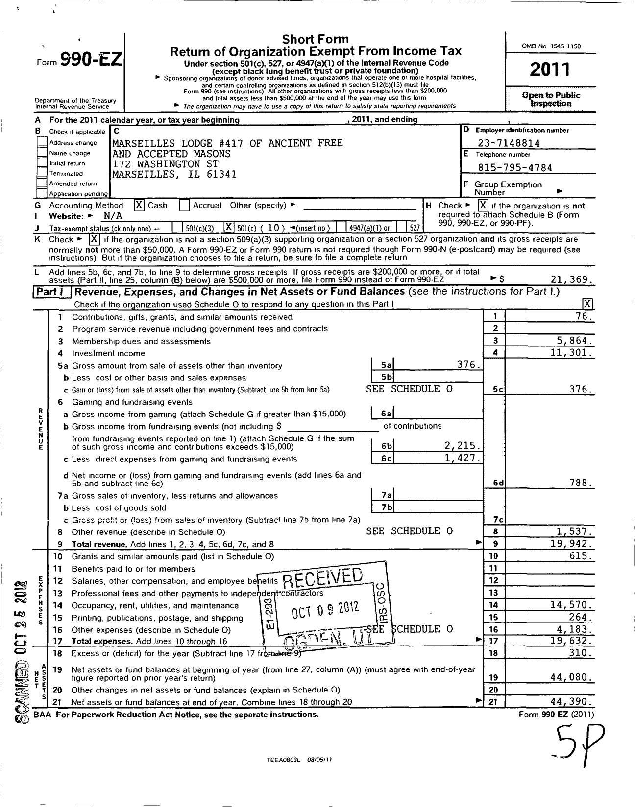 Image of first page of 2011 Form 990EO for Ancient Free & Accepted Masons of Illinois - 417 Marseilles Lodge