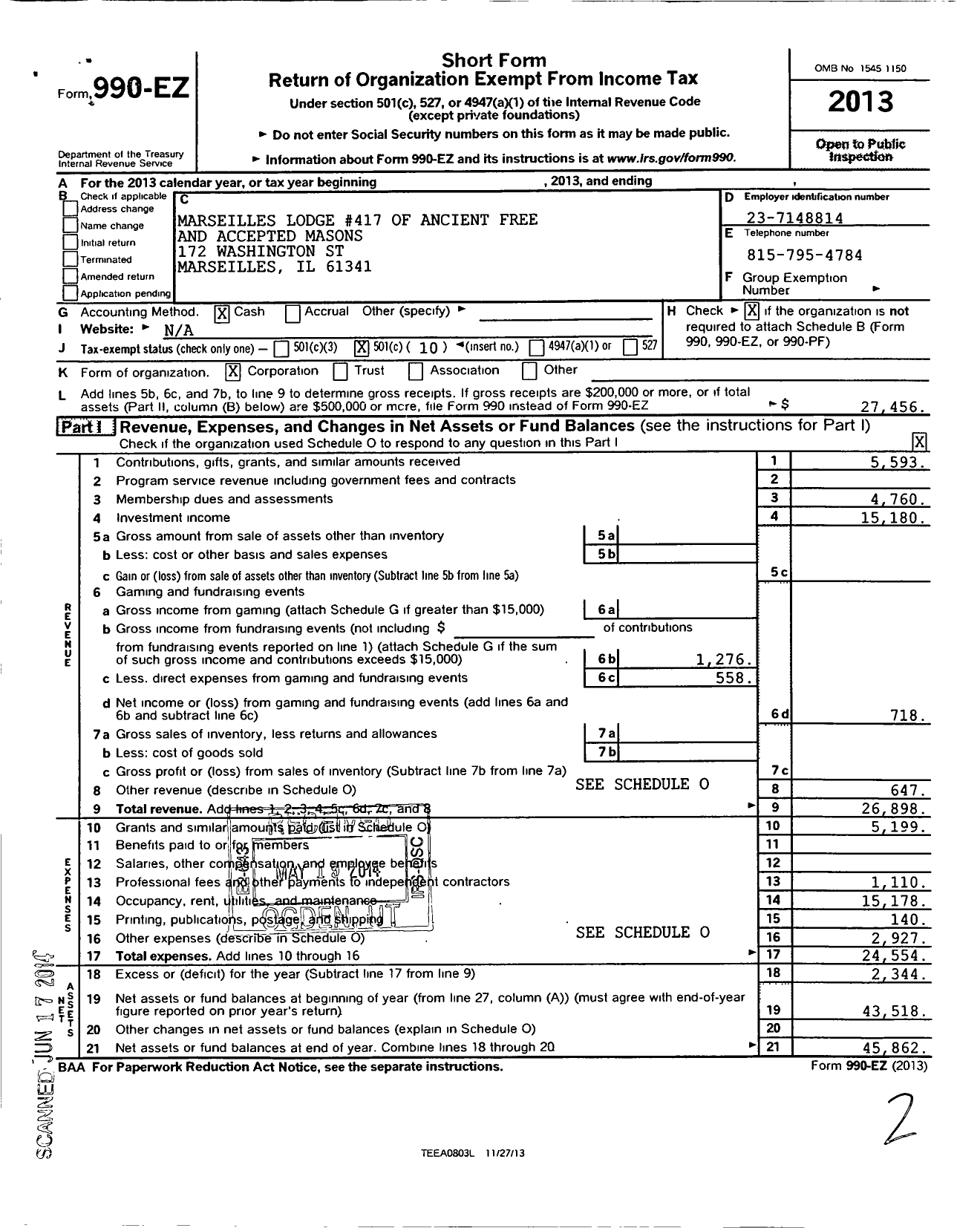 Image of first page of 2013 Form 990EO for Ancient Free & Accepted Masons of Illinois - 417 Marseilles Lodge