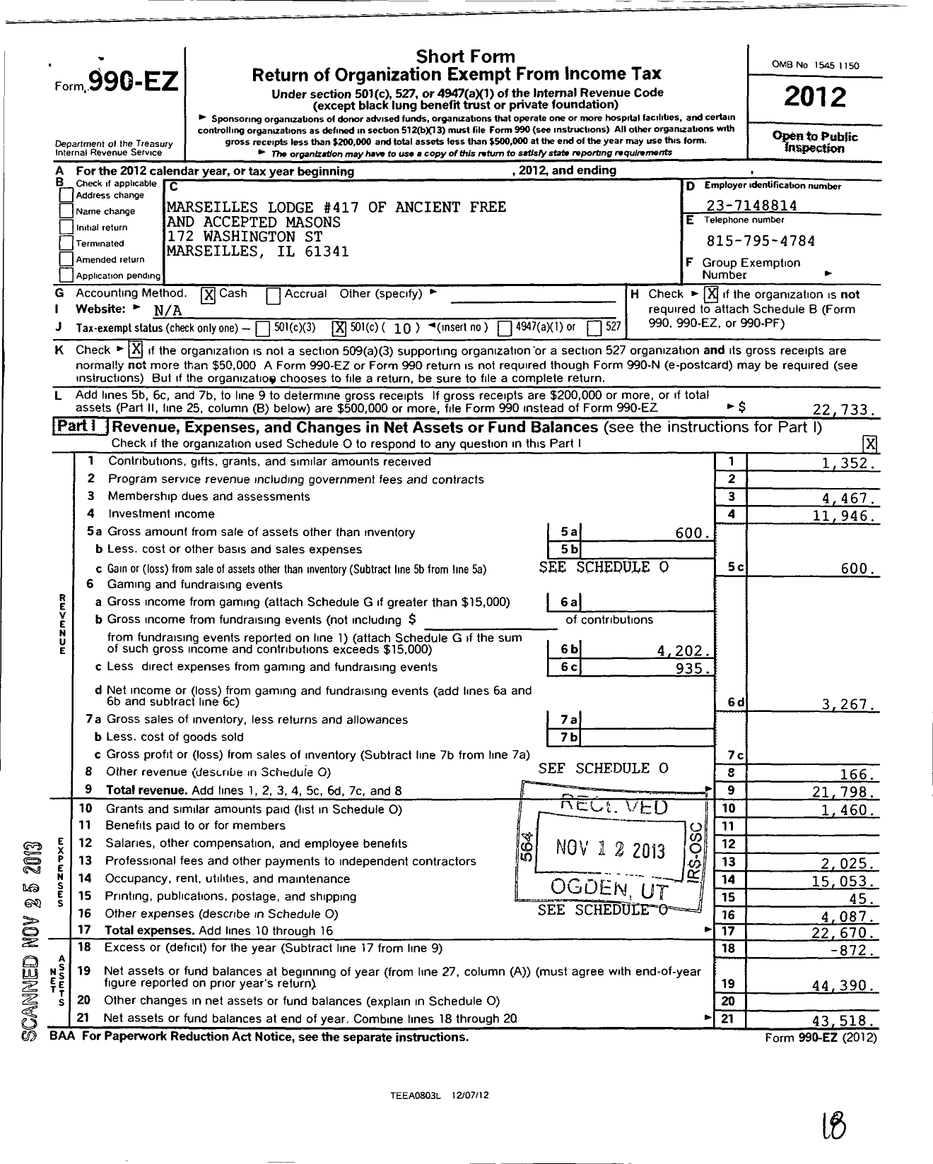 Image of first page of 2012 Form 990EO for Ancient Free & Accepted Masons of Illinois - 417 Marseilles Lodge