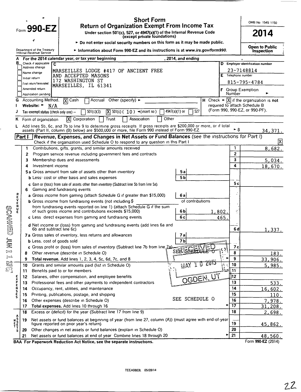 Image of first page of 2014 Form 990EO for Ancient Free & Accepted Masons of Illinois - 417 Marseilles Lodge