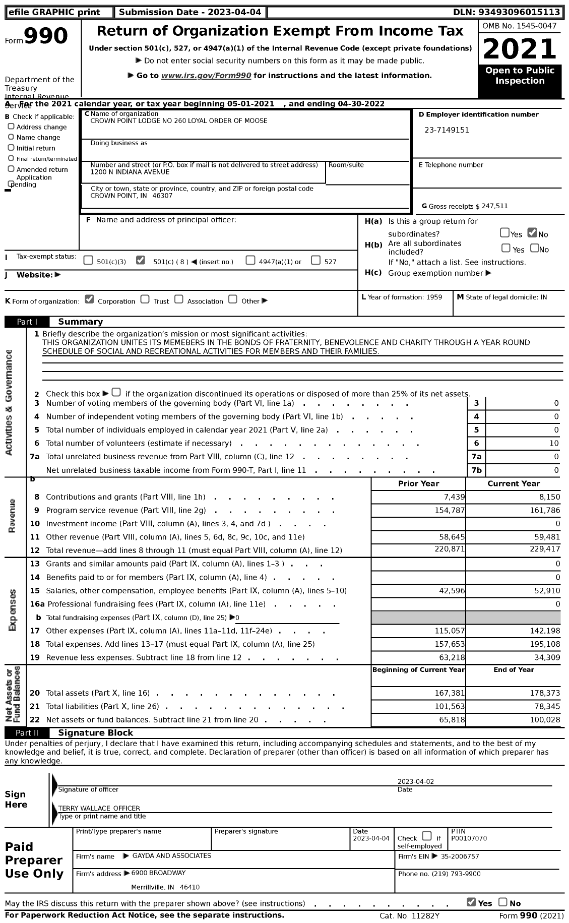 Image of first page of 2021 Form 990 for Crown Point Lodge No 260 Loyal Order of Moose